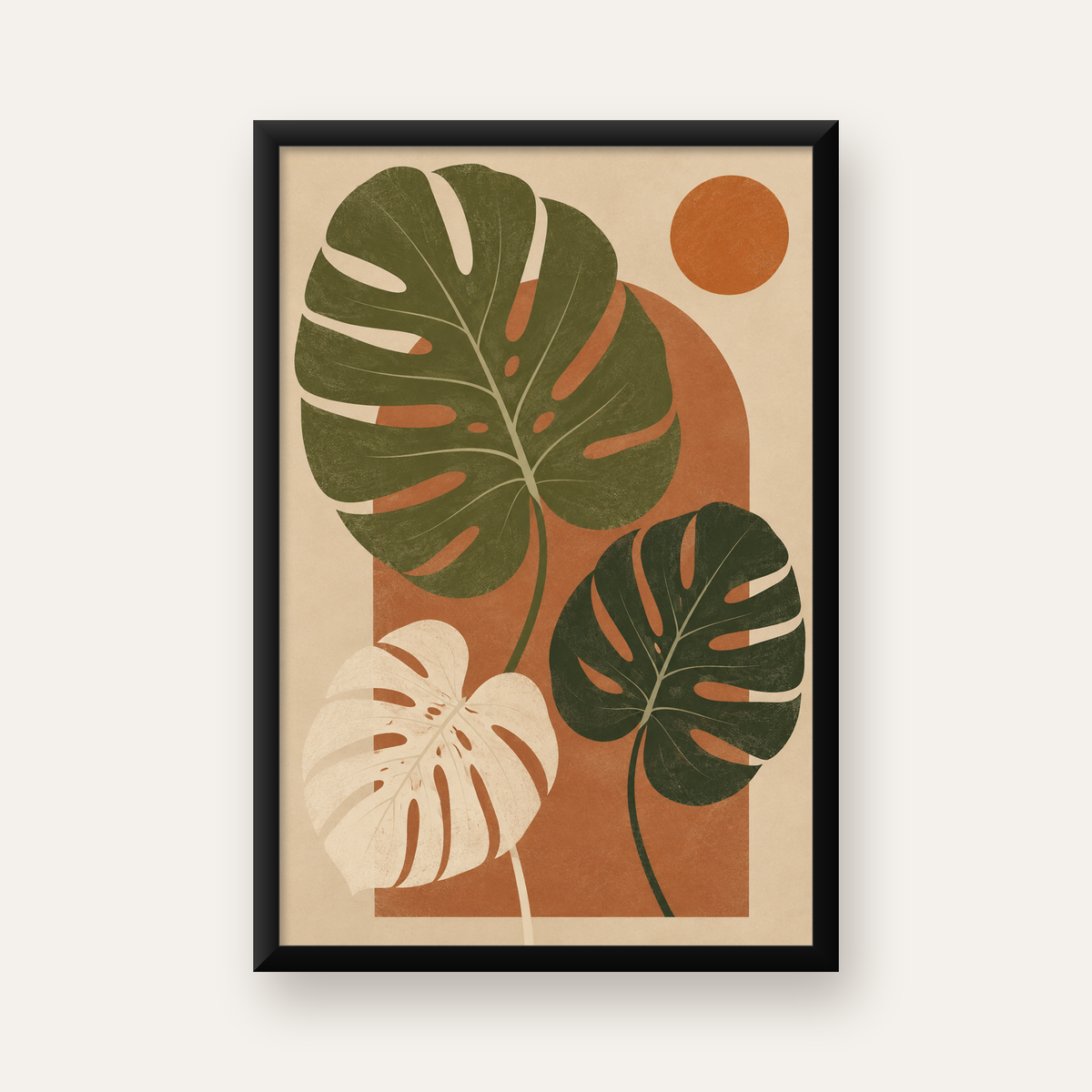 Minimalist Monstera Yaprakları Poster – Modern Duvar Dekoru — Dikey baskı, düz siyah çerçeveli duvar posteri