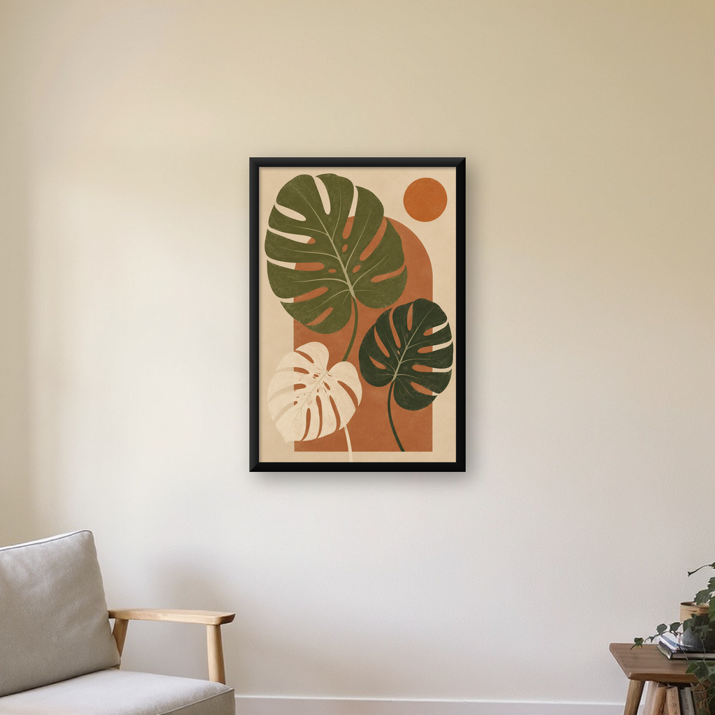 Minimalist Monstera Yaprakları Poster – Modern Duvar Dekoru — Dikey baskı, çerçeveli hâliyle bir ev duvarında