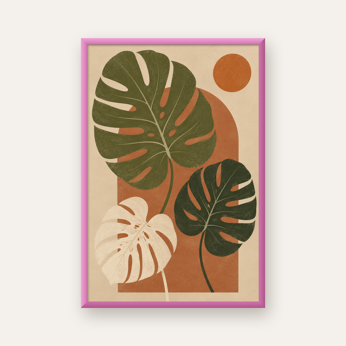 Minimalist Monstera Yaprakları Poster – Modern Duvar Dekoru — pembe çerçeveli