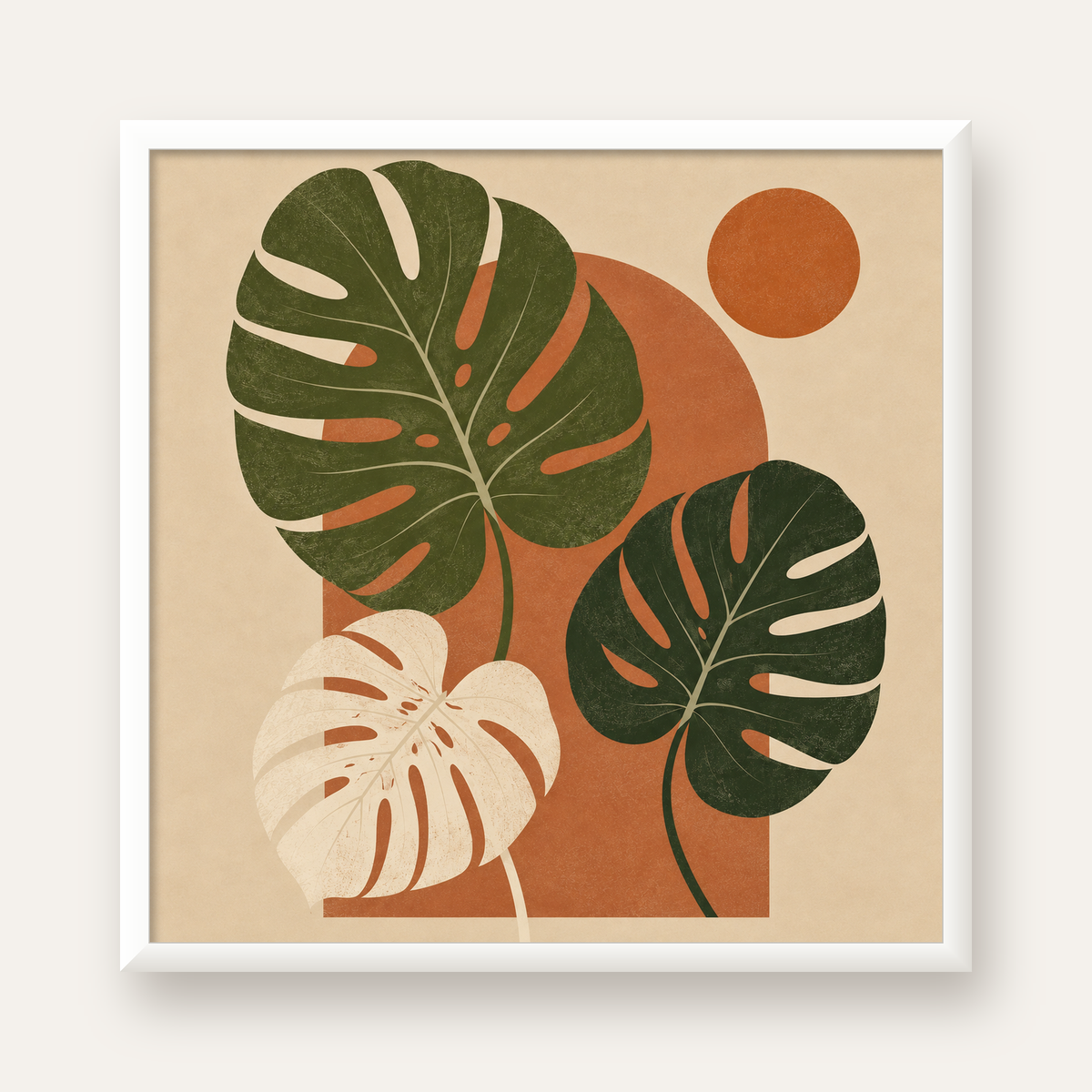 Minimalist Monstera Yaprakları Poster – Modern Duvar Dekoru — beyaz çerçeveli kare poster