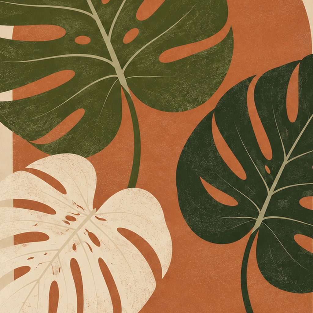 Minimalist Monstera Yaprakları Poster – Modern Duvar Dekoru — baskının yakın çekimi, kâğıt dokusu ve renk detayı