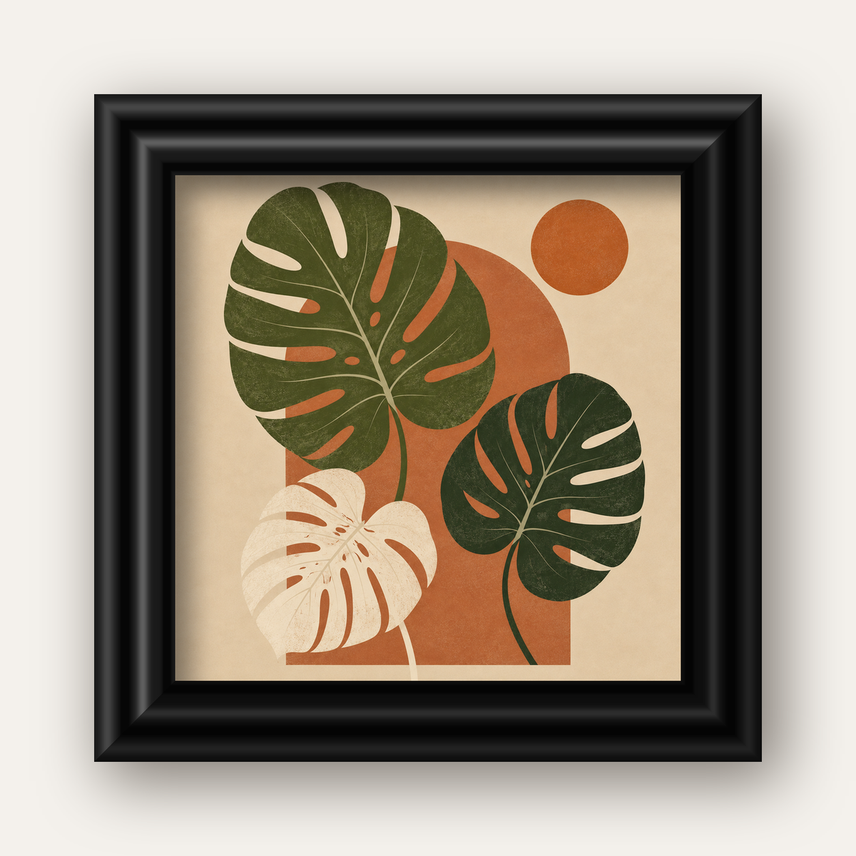 Minimalist Monstera Yaprakları Poster – Modern Duvar Dekoru — siyah galeri çerçeveli
