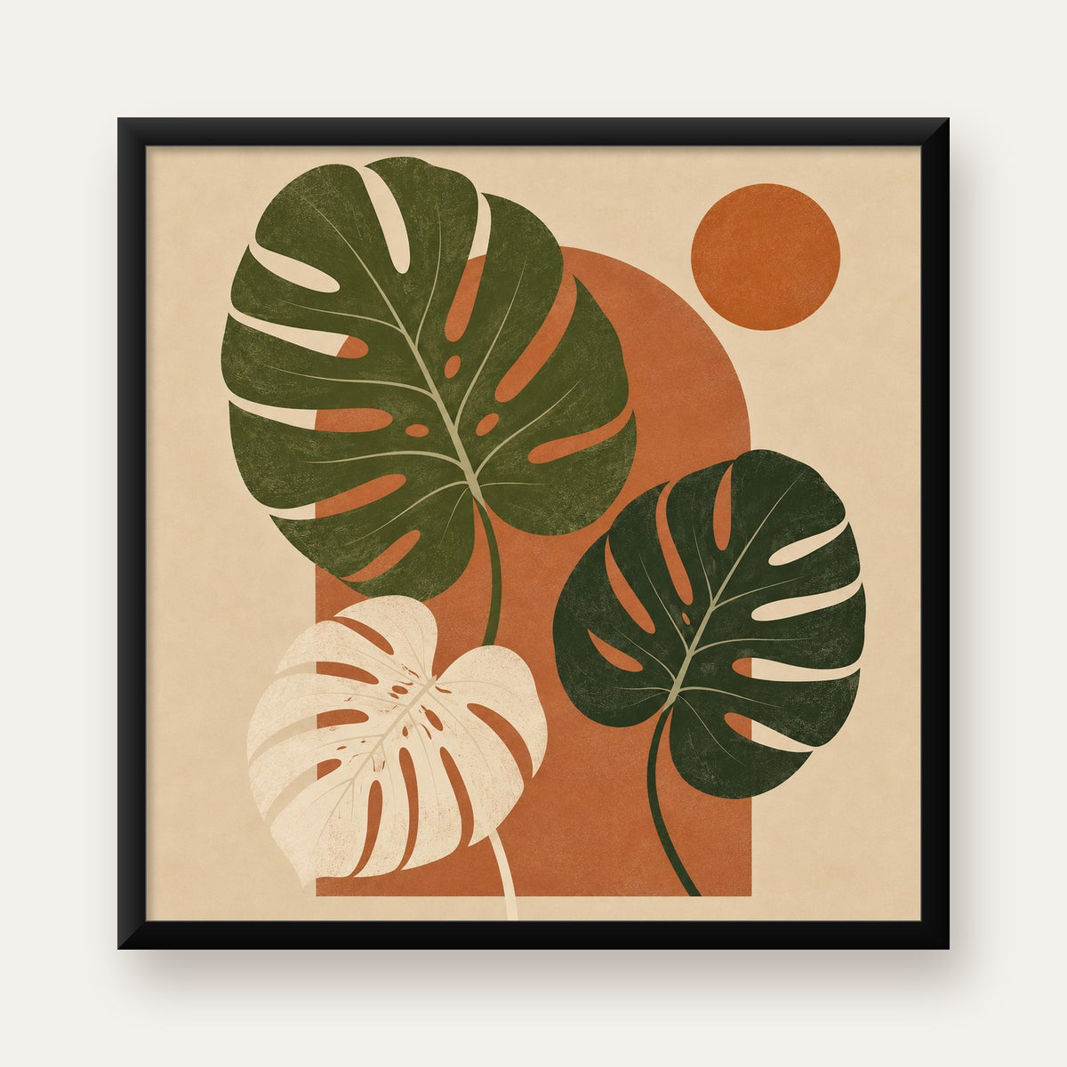 Minimalist Monstera Yaprakları Poster – Modern Duvar Dekoru — Kare baskı, düz siyah çerçeveli duvar posteri