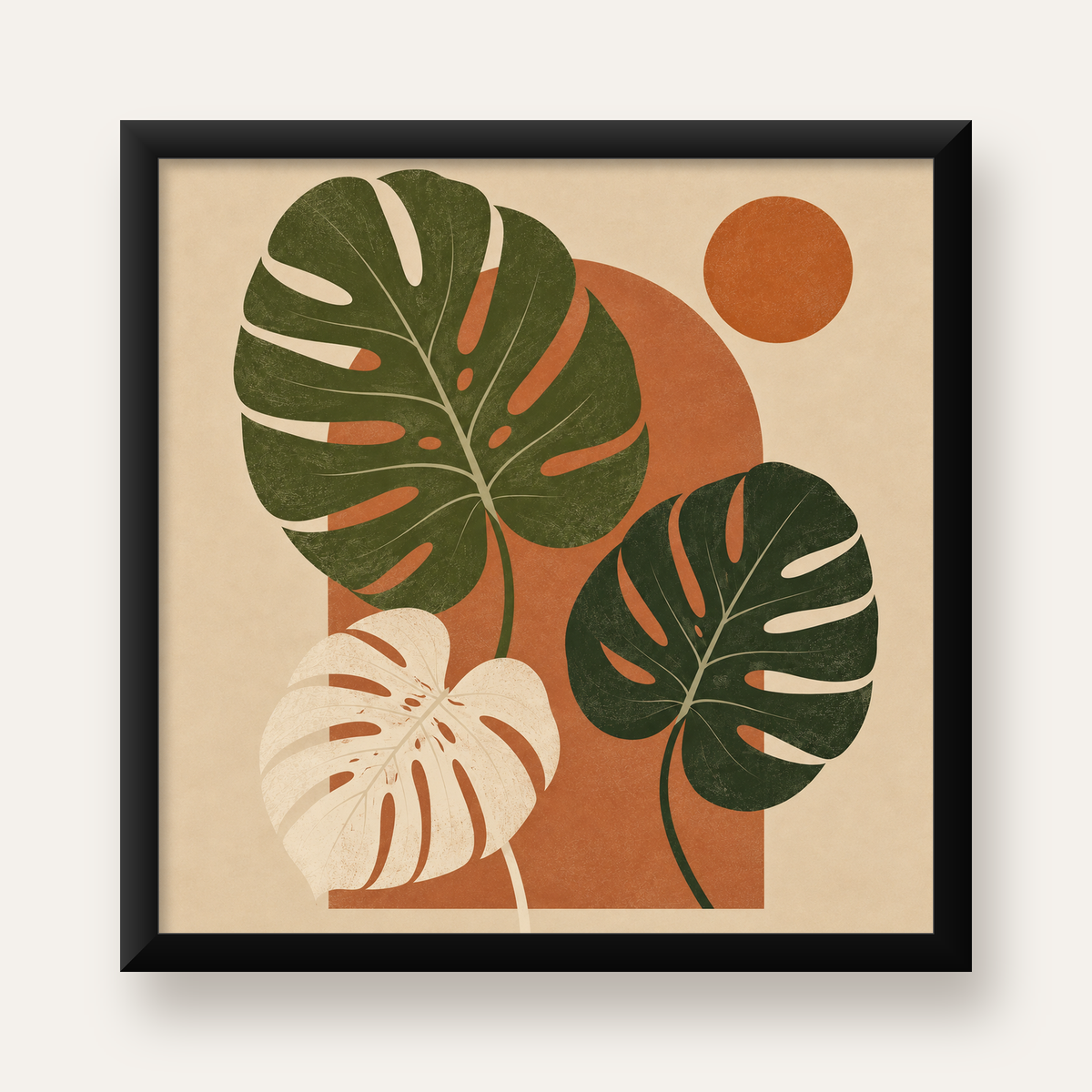 Minimalist Monstera Yaprakları Poster – Modern Duvar Dekoru — Kare baskı, düz siyah çerçeveli duvar posteri