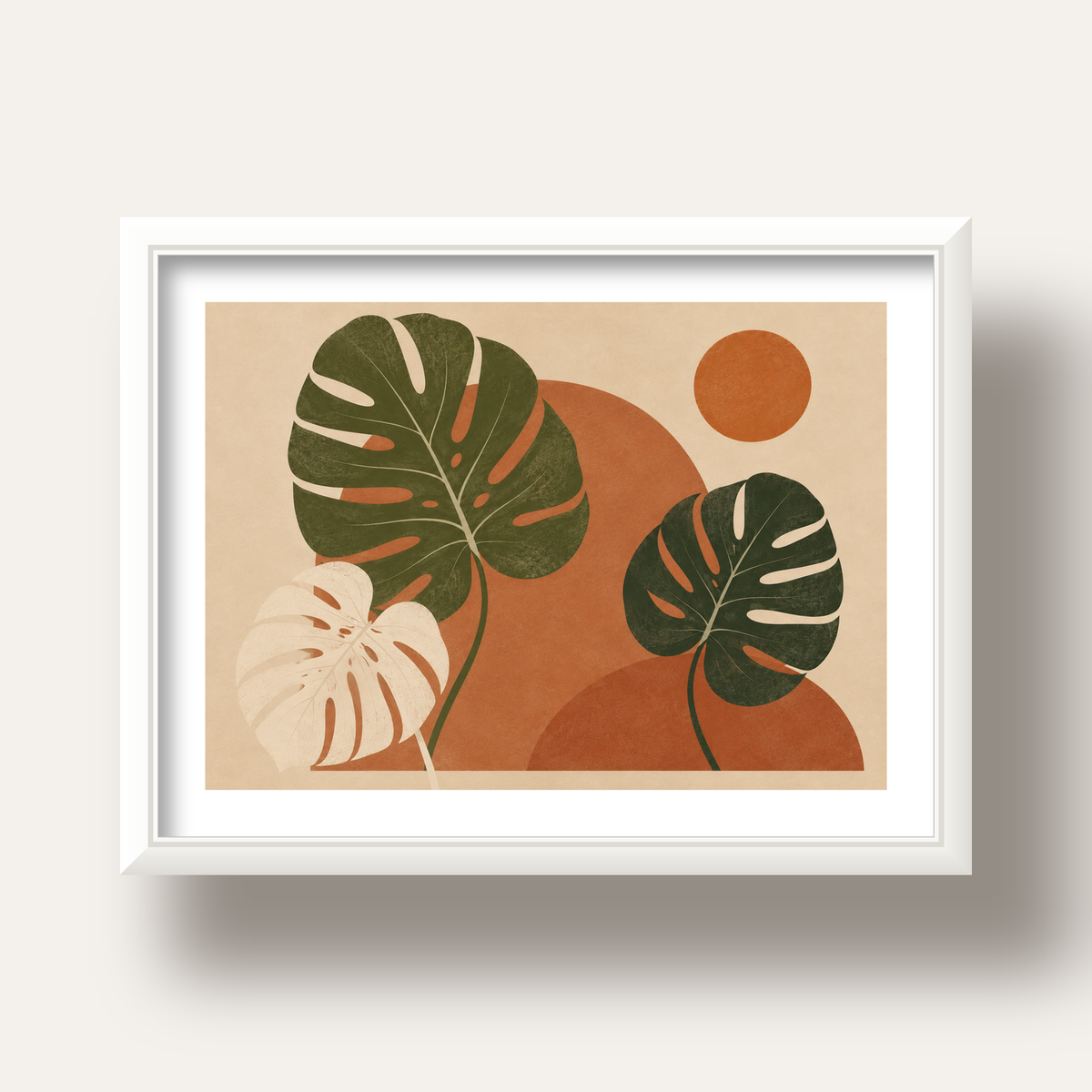 Minimalist Monstera Yaprakları Poster – Modern Duvar Dekoru — beyaz derin çerçeveli paspartulu
