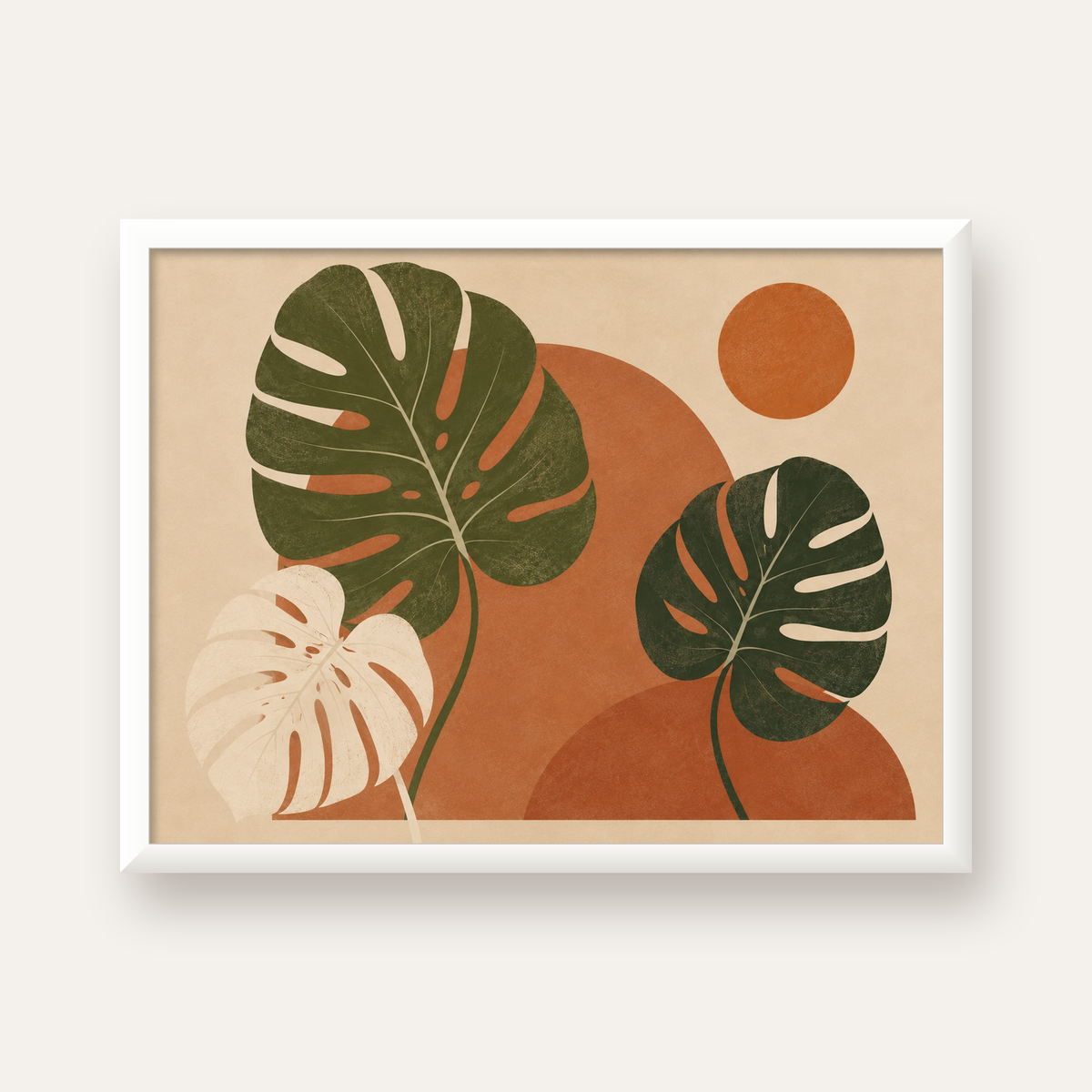 Minimalist Monstera Yaprakları Poster – Modern Duvar Dekoru — beyaz çerçeveli yatay poster