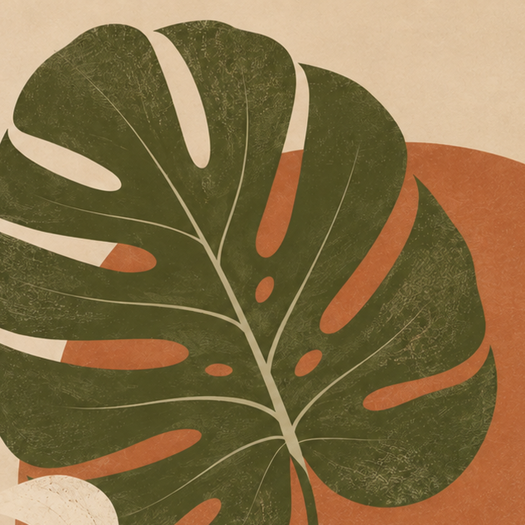 Minimalist Monstera Yaprakları Poster – Modern Duvar Dekoru — baskının yakın çekimi, kâğıt dokusu ve renk detayı