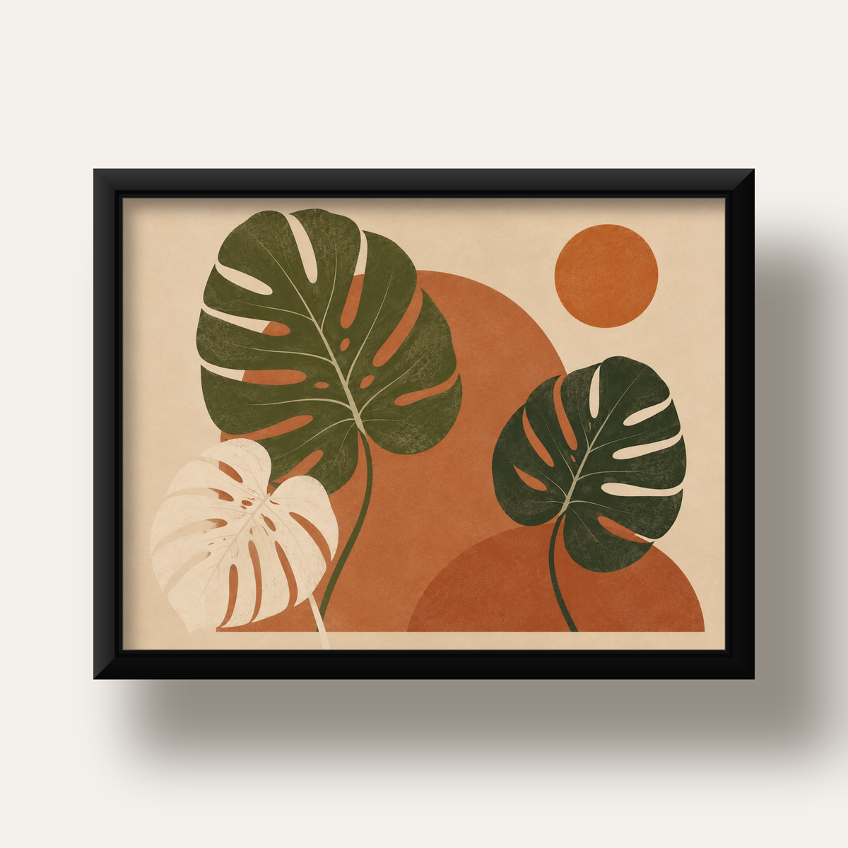 Minimalist Monstera Yaprakları Poster – Modern Duvar Dekoru — siyah derin çerçeveli