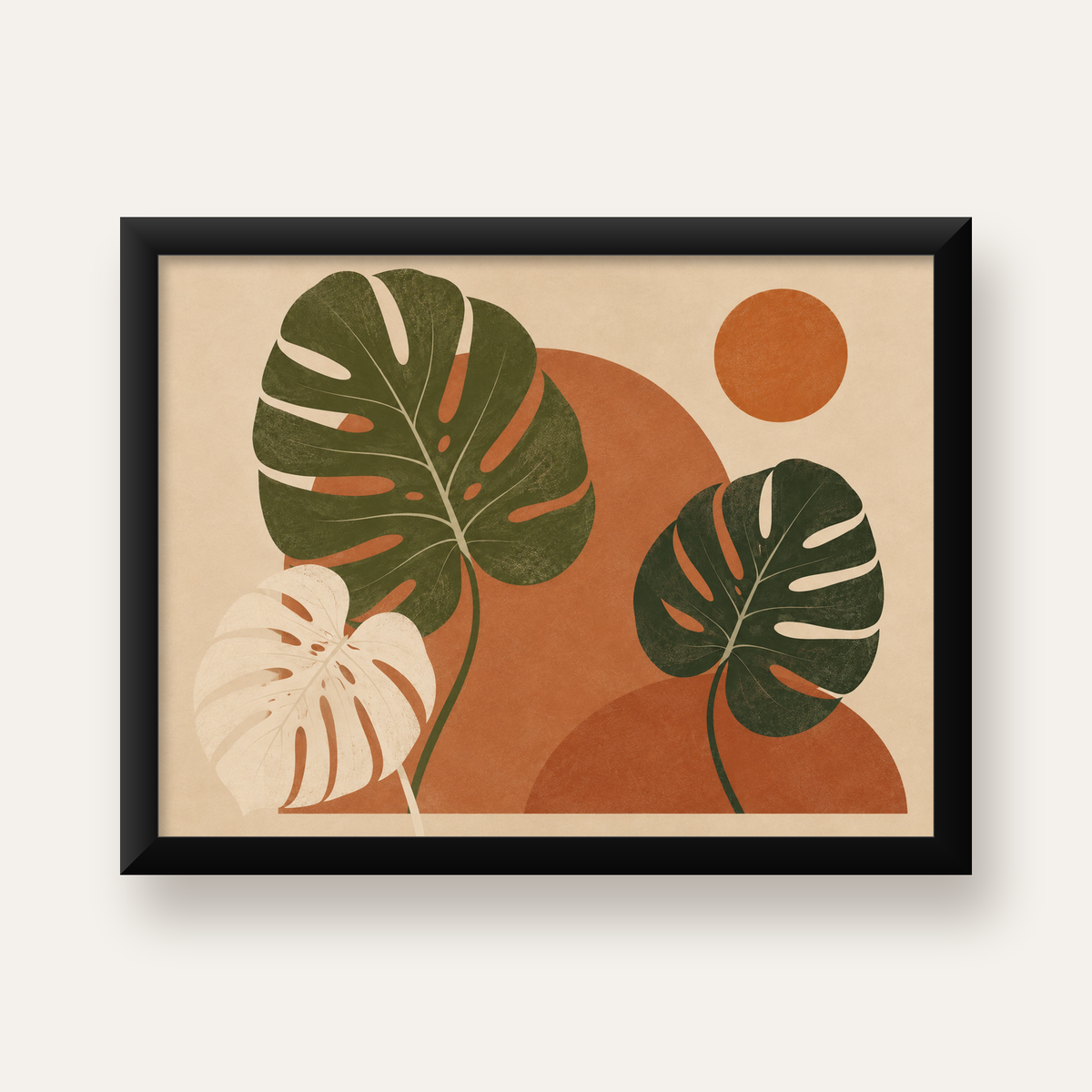 Minimalist Monstera Yaprakları Poster – Modern Duvar Dekoru — Yatay baskı, düz siyah çerçeveli duvar posteri