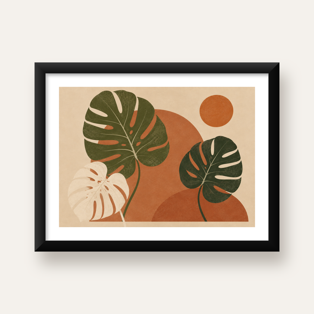 Minimalist Monstera Yaprakları Poster – Modern Duvar Dekoru — Yatay baskı, beyaz paspartulu