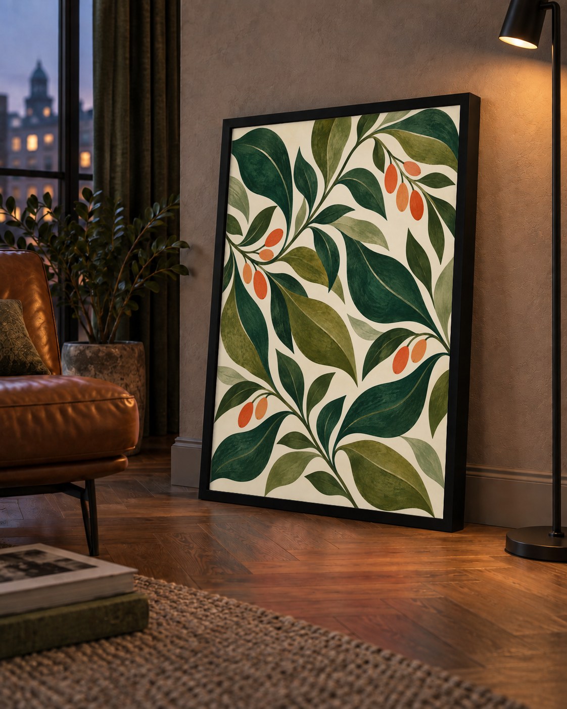 Yeşil Yaprak ve Kırmızı Meyve Modern Bitki Desenli Poster — çerçeveli hâliyle bir ev duvarında