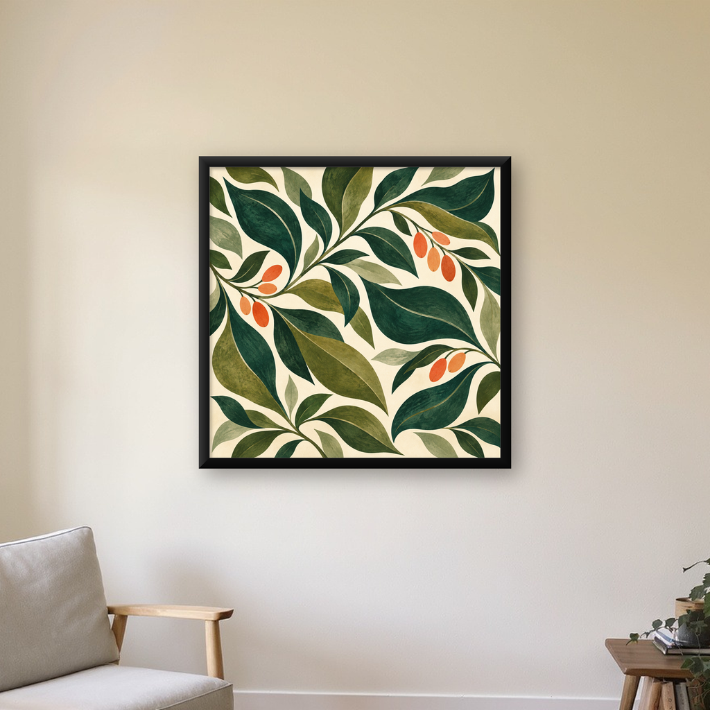 Yeşil Yaprak ve Kırmızı Meyve Modern Bitki Desenli Poster — Kare baskı, çerçeveli hâliyle bir ev duvarında
