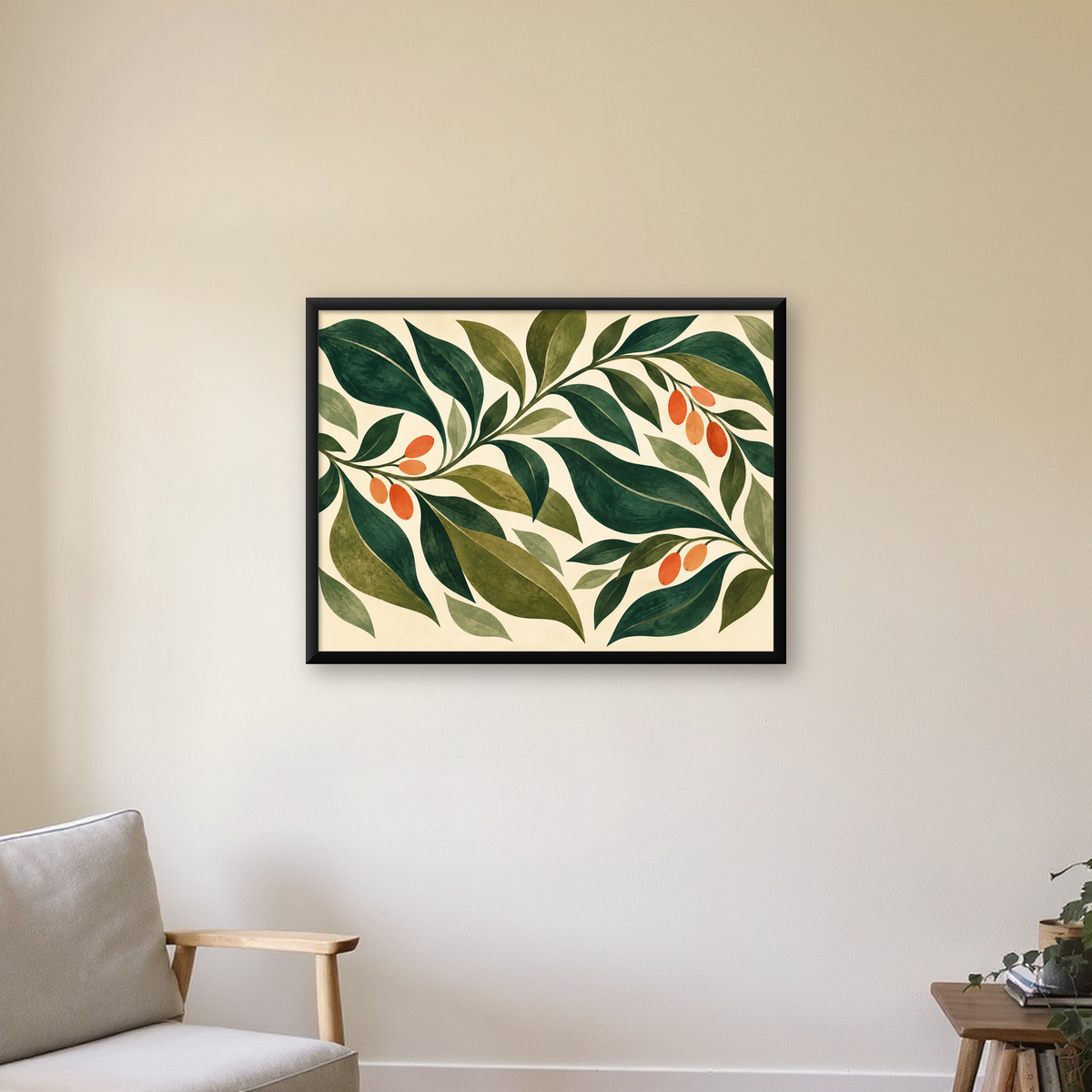 Yeşil Yaprak ve Kırmızı Meyve Modern Bitki Desenli Poster — Yatay baskı, çerçeveli hâliyle bir ev duvarında