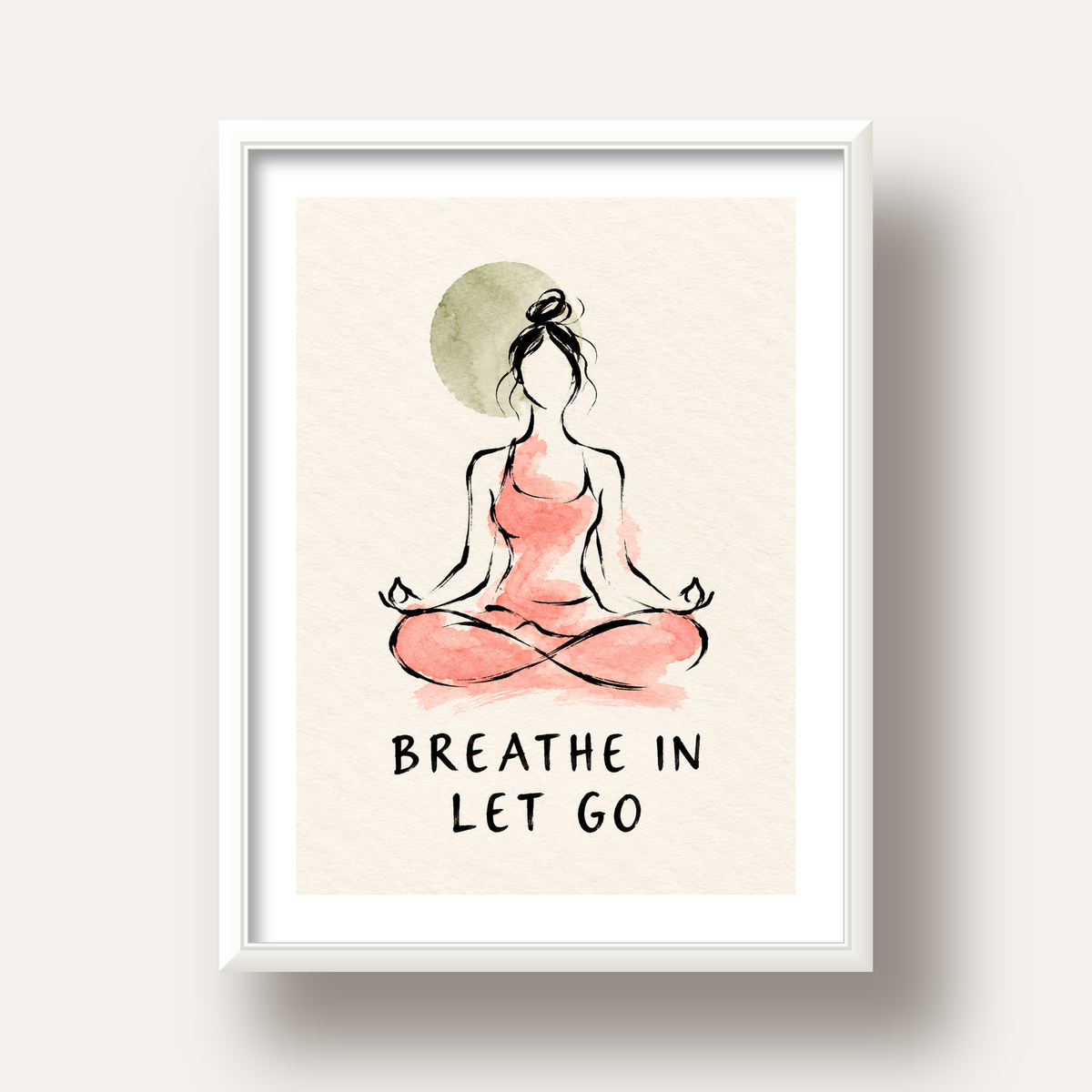 Breathe In Let Go Meditasyon Yapan Kadın Poster — beyaz derin çerçeveli paspartulu