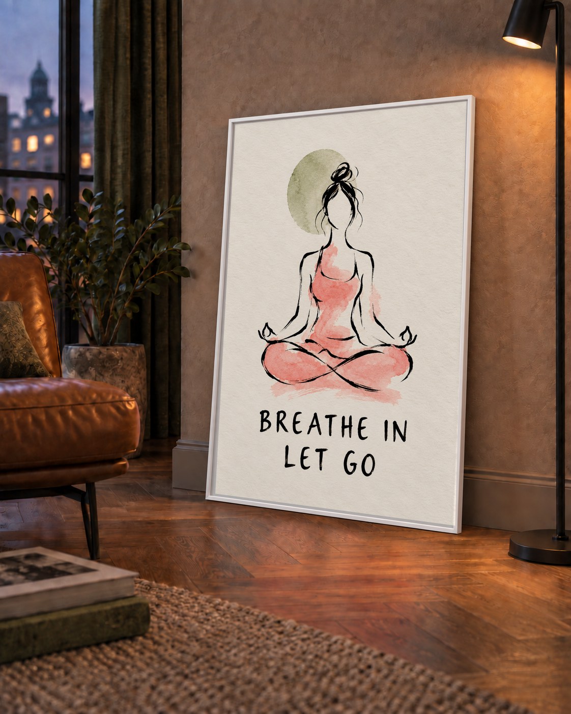 Breathe In Let Go Meditasyon Yapan Kadın Poster — çerçeveli hâliyle bir ev duvarında