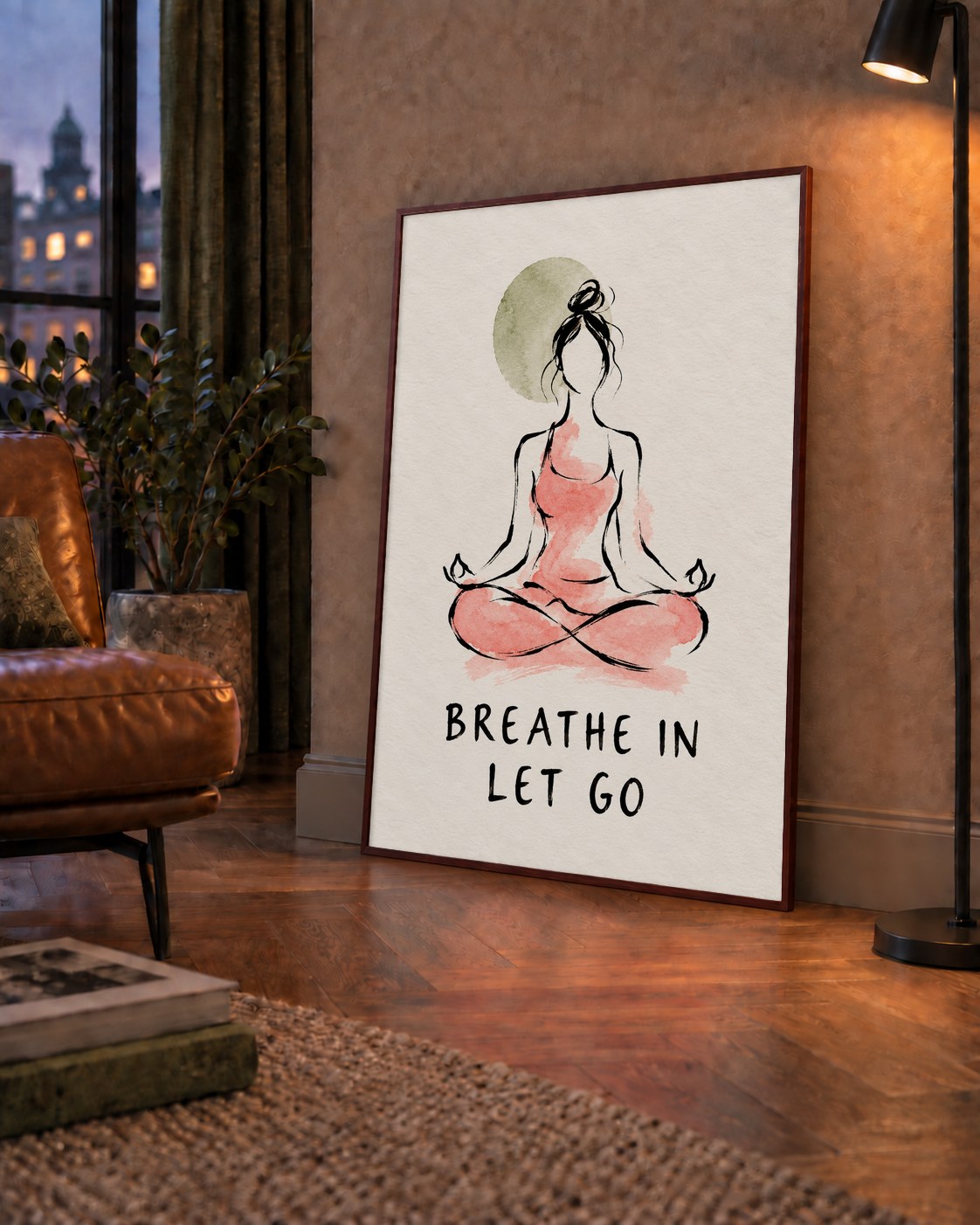 Breathe In Let Go Meditasyon Yapan Kadın Poster — çerçeveli hâliyle bir ev duvarında