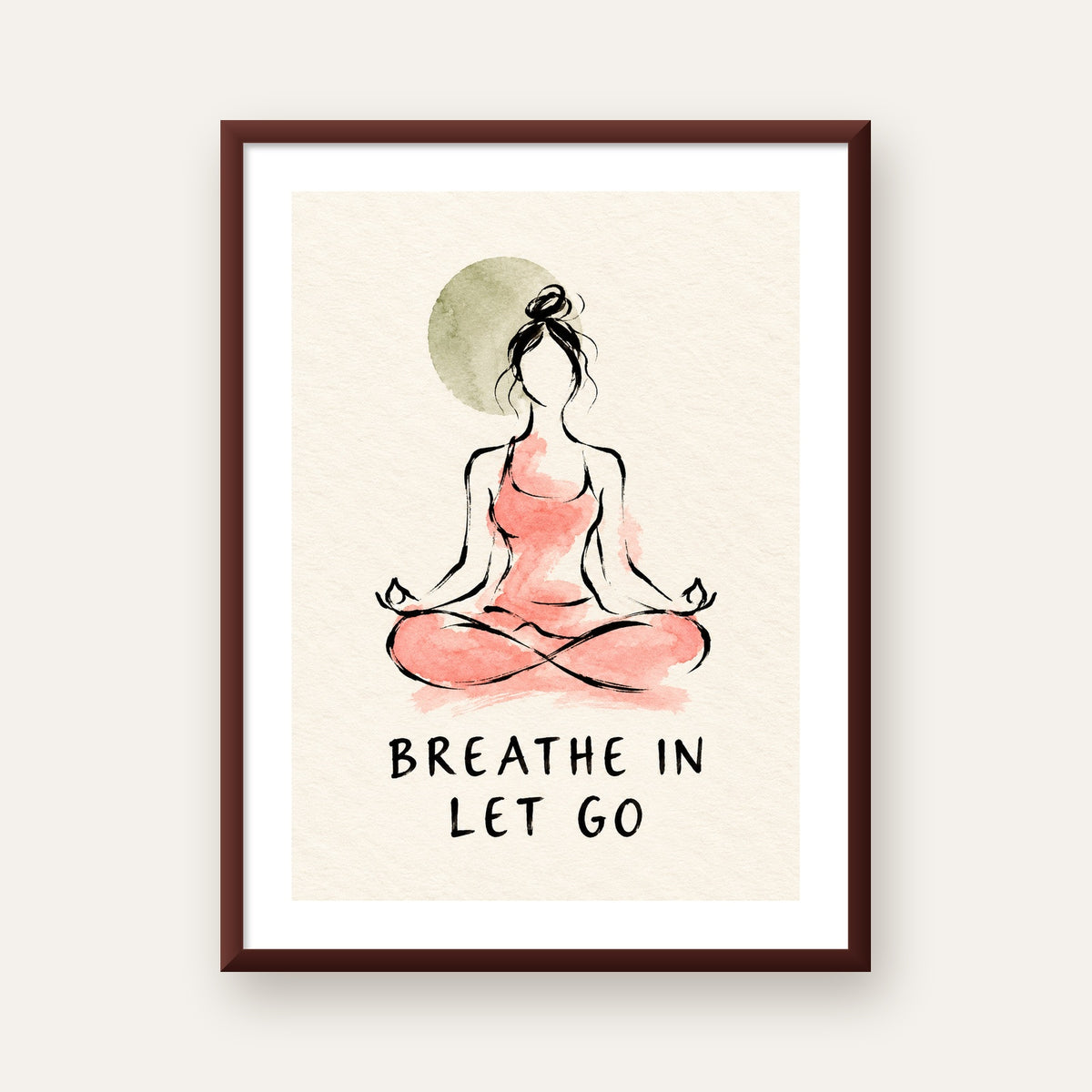 Breathe In Let Go Meditasyon Yapan Kadın Poster — ceviz çerçeveli paspartulu