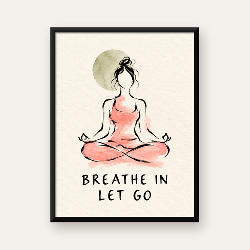 Yoga ve Meditasyon İllüstrasyonlu Motive Edici Poster — Dikey baskı, düz siyah çerçeveli duvar posteri