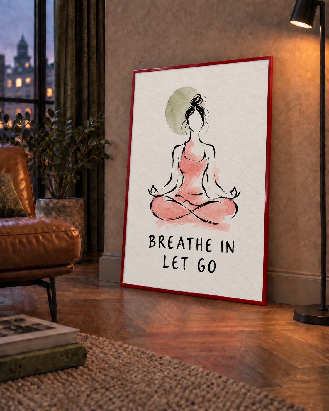Breathe In Let Go Meditasyon Yapan Kadın Poster — çerçeveli hâliyle bir ev duvarında