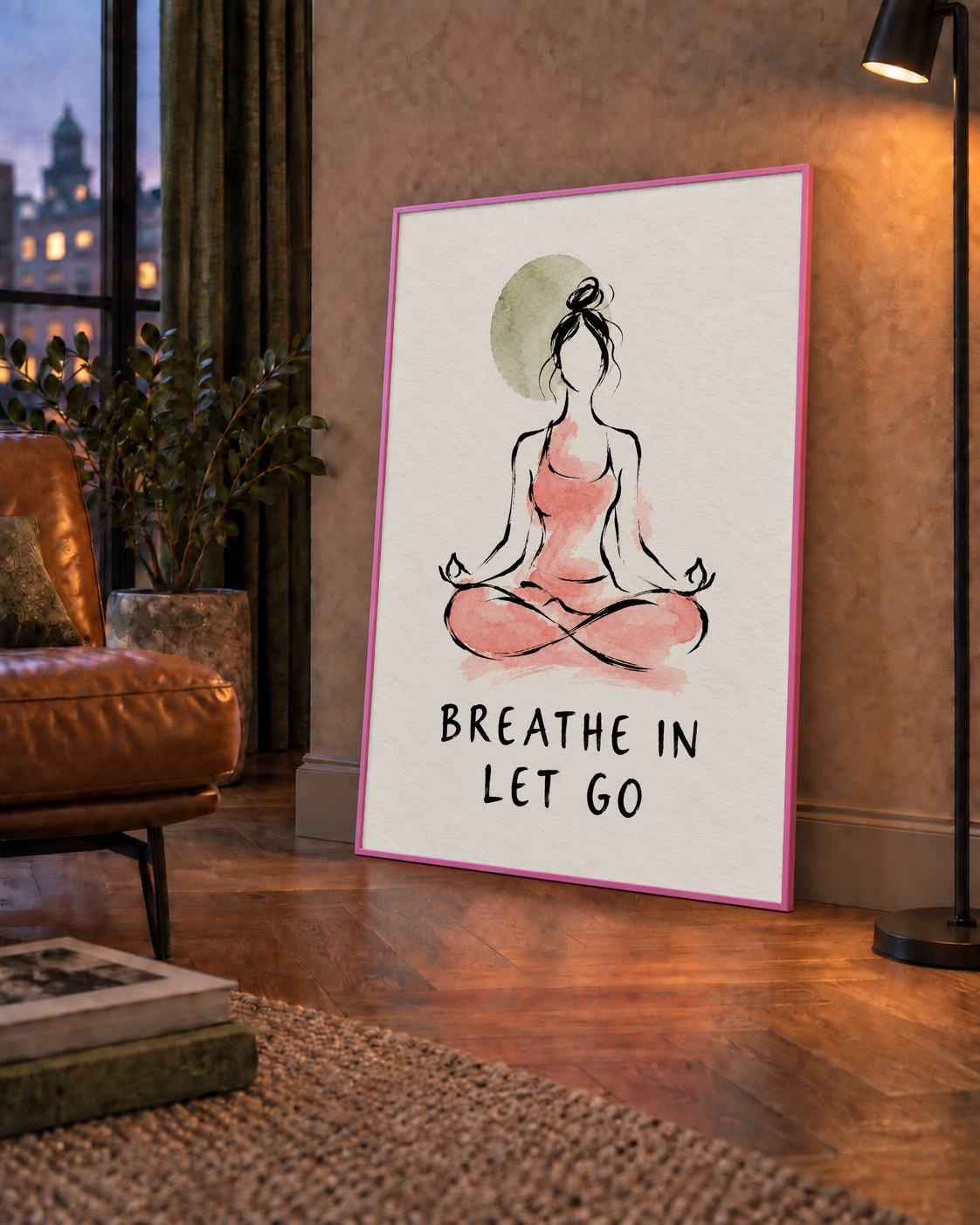Breathe In Let Go Meditasyon Yapan Kadın Poster — çerçeveli hâliyle bir ev duvarında