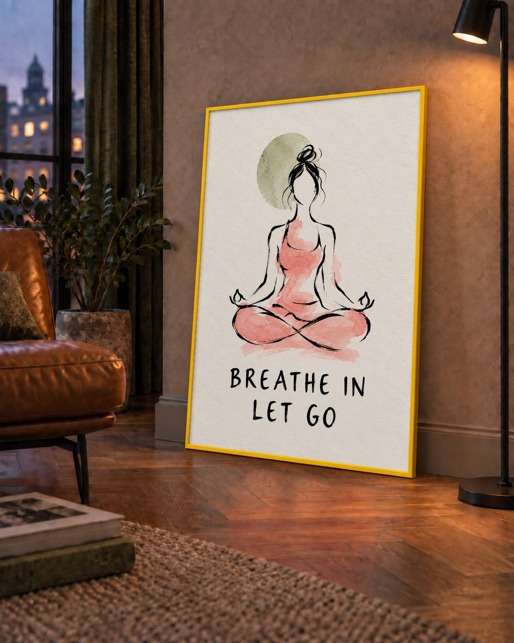 Breathe In Let Go Meditasyon Yapan Kadın Poster — çerçeveli hâliyle bir ev duvarında