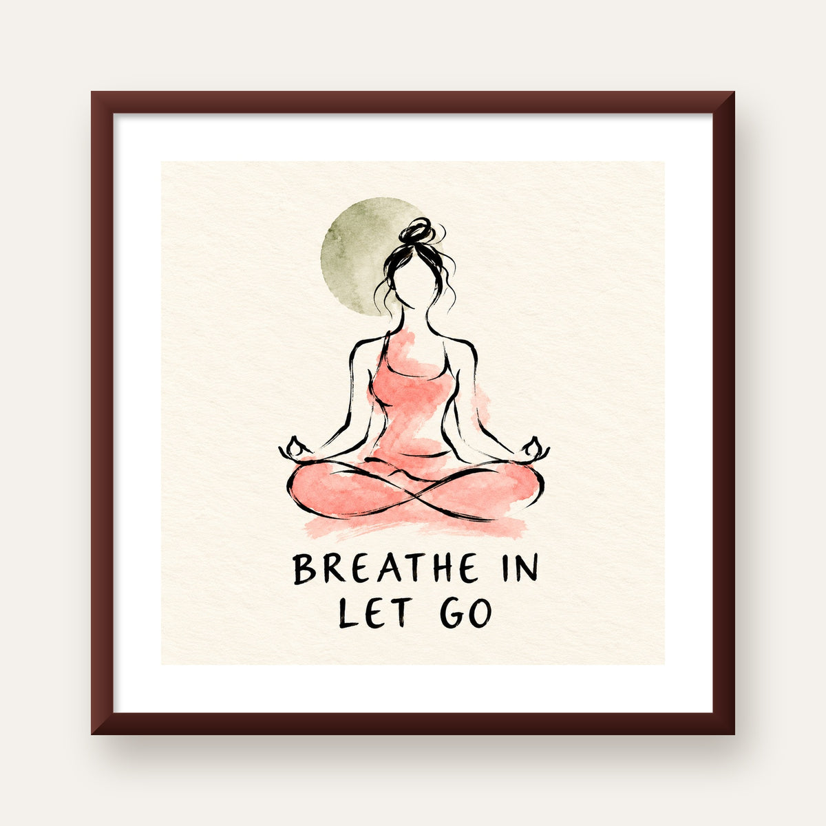 Breathe In Let Go Meditasyon Yapan Kadın Poster — ceviz çerçeveli paspartulu