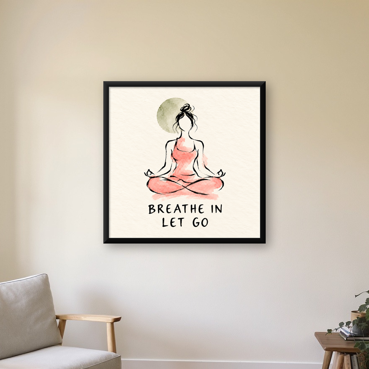 Yoga ve Meditasyon İllüstrasyonlu Motive Edici Poster — Kare baskı, çerçeveli hâliyle bir ev duvarında