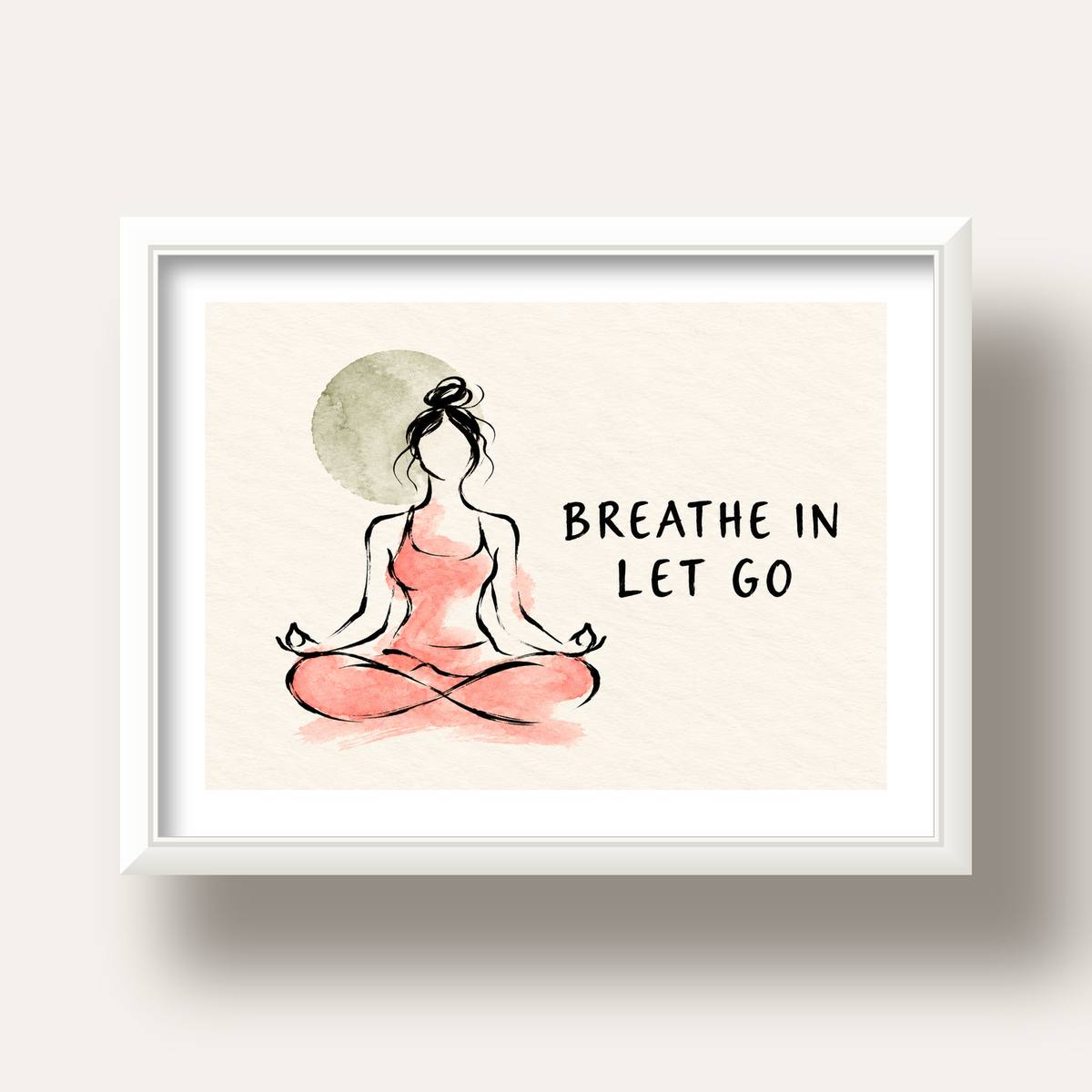 Breathe In Let Go Meditasyon Yapan Kadın Poster — beyaz derin çerçeveli paspartulu