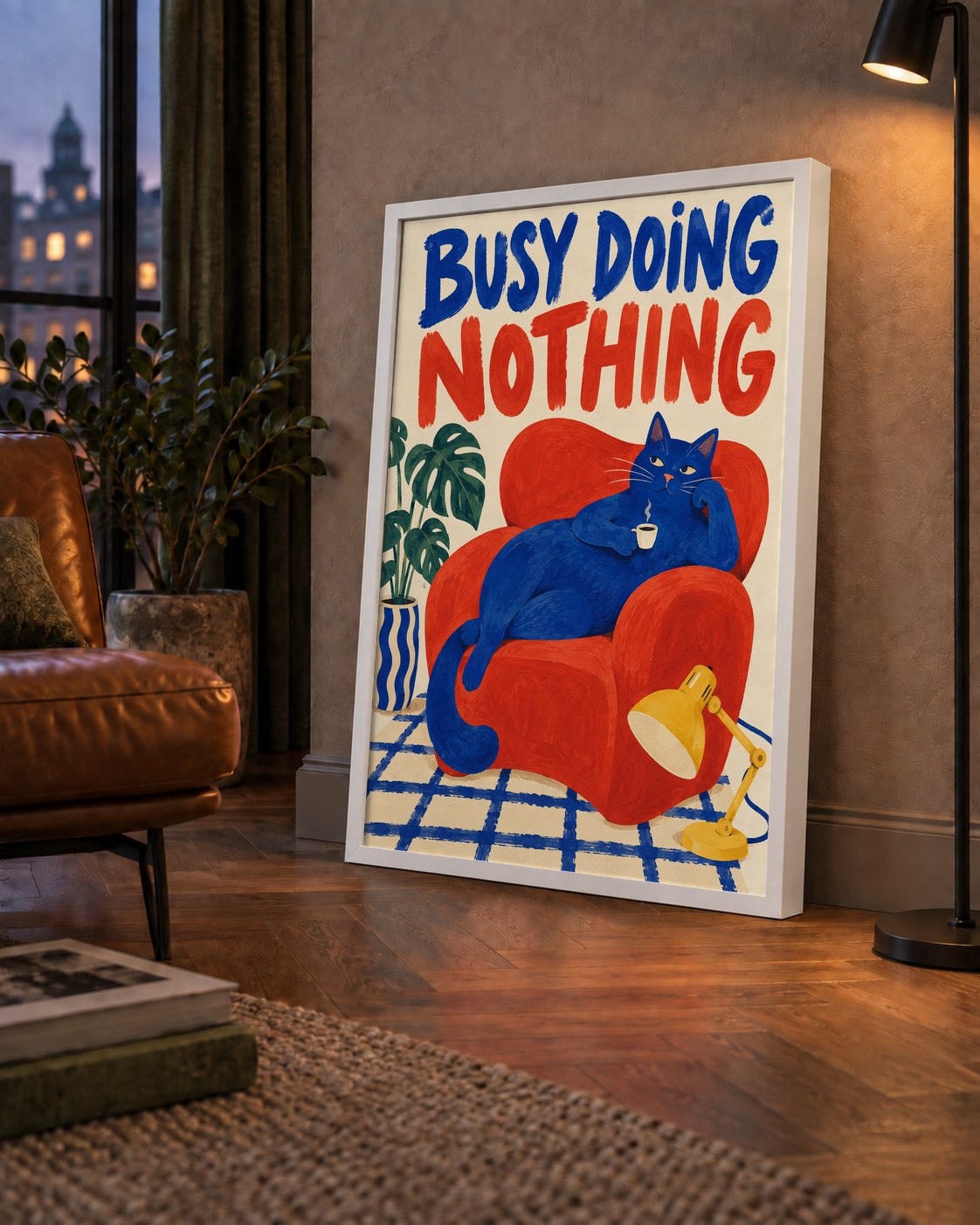 Busy Doing Nothing – Rahat Kedi İllüstrasyon Poster — çerçeveli hâliyle bir ev duvarında