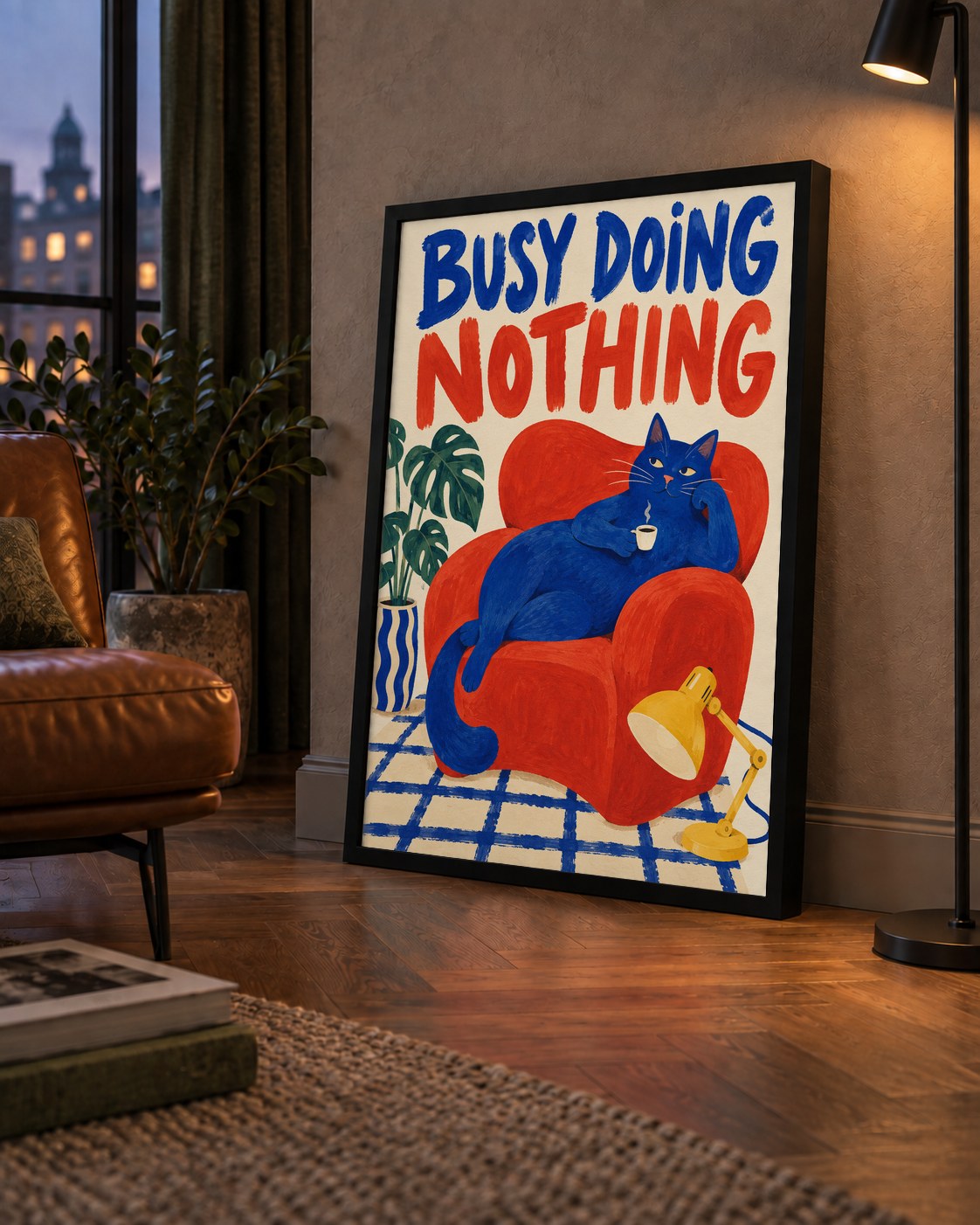 Busy Doing Nothing – Rahat Kedi İllüstrasyon Poster — çerçeveli hâliyle bir ev duvarında