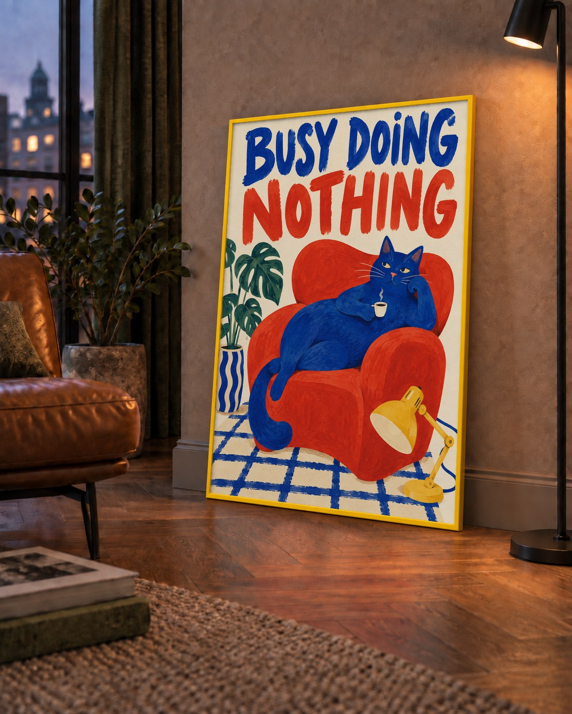 Busy Doing Nothing – Rahat Kedi İllüstrasyon Poster — çerçeveli hâliyle bir ev duvarında