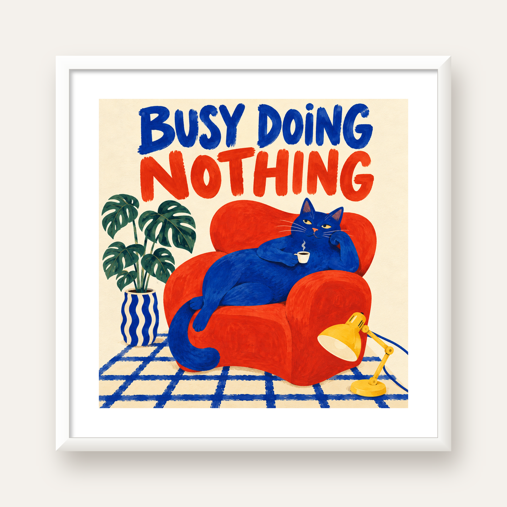 Busy Doing Nothing – Rahat Kedi İllüstrasyon Poster — beyaz çerçeveli kare poster