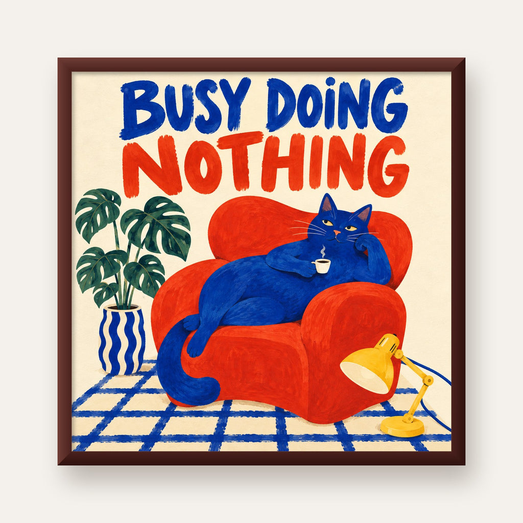 Busy Doing Nothing – Rahat Kedi İllüstrasyon Poster — ceviz çerçeveli