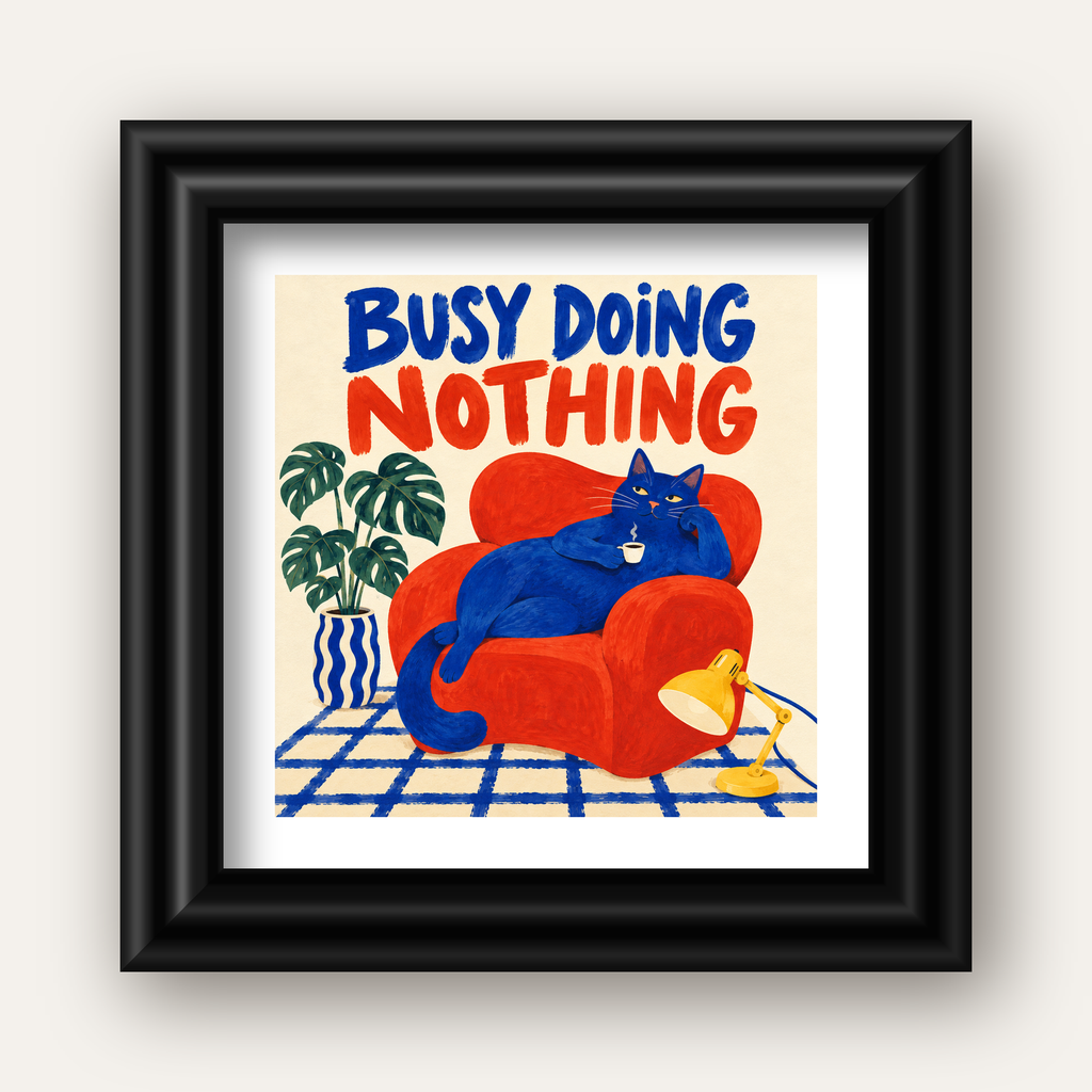 Busy Doing Nothing – Rahat Kedi İllüstrasyon Poster — siyah galeri çerçeveli paspartulu