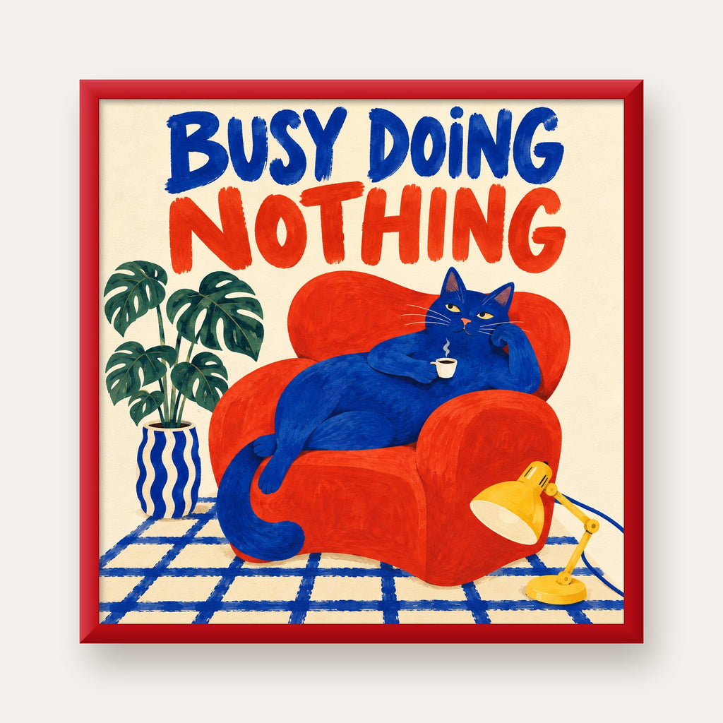 Busy Doing Nothing – Rahat Kedi İllüstrasyon Poster — kırmızı çerçeveli