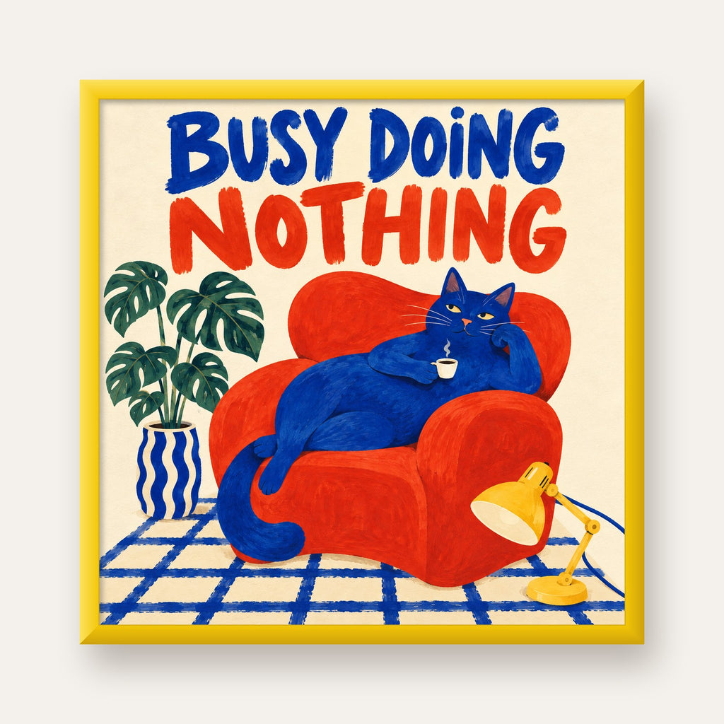 Busy Doing Nothing – Rahat Kedi İllüstrasyon Poster — sarı çerçeveli