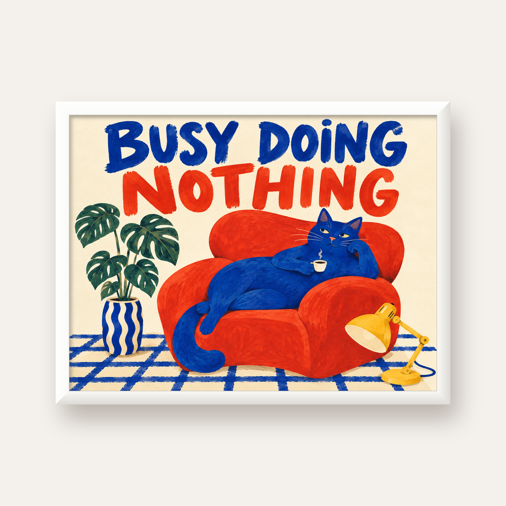 Busy Doing Nothing – Rahat Kedi İllüstrasyon Poster — beyaz çerçeveli yatay poster