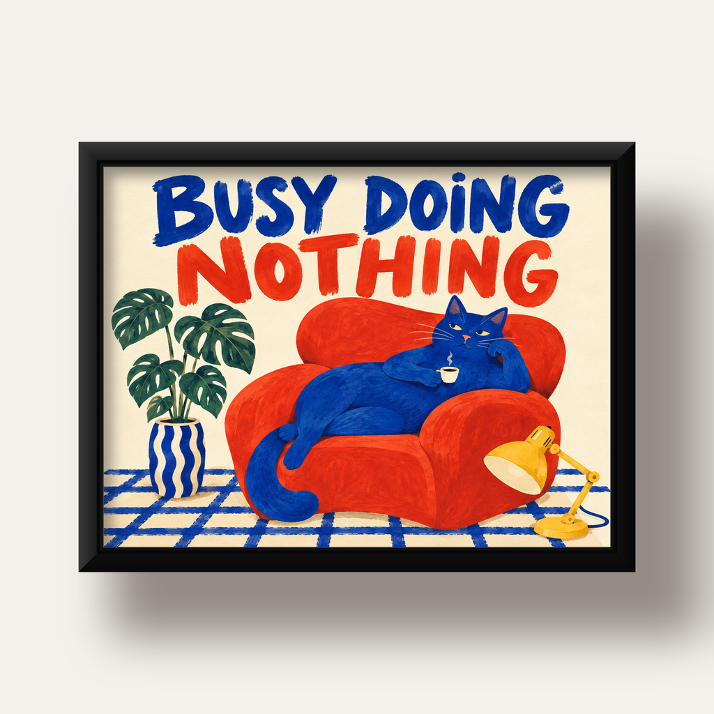 Busy Doing Nothing – Rahat Kedi İllüstrasyon Poster — siyah derin çerçeveli