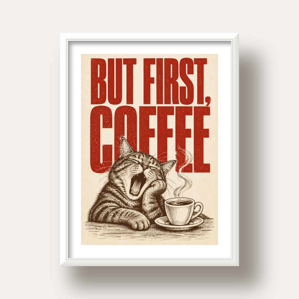 Esneyen Kedi ve Kahve Fincanı Vintage Duvar Posteri — beyaz derin çerçeveli paspartulu