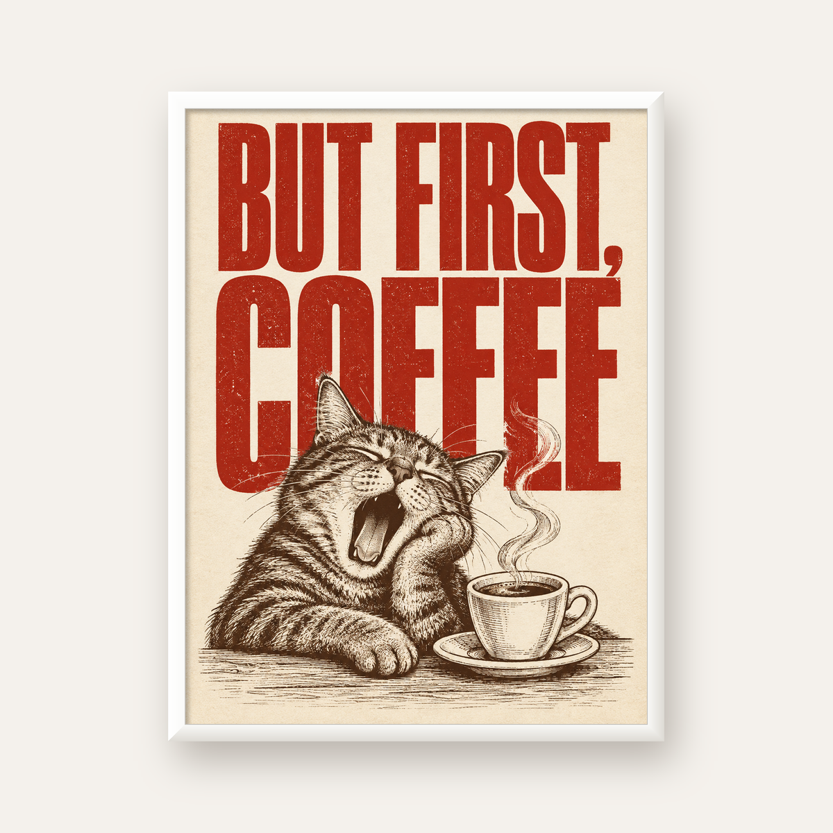 Esneyen Kedi ve Kahve Fincanı Vintage Duvar Posteri — beyaz çerçeveli dikey poster