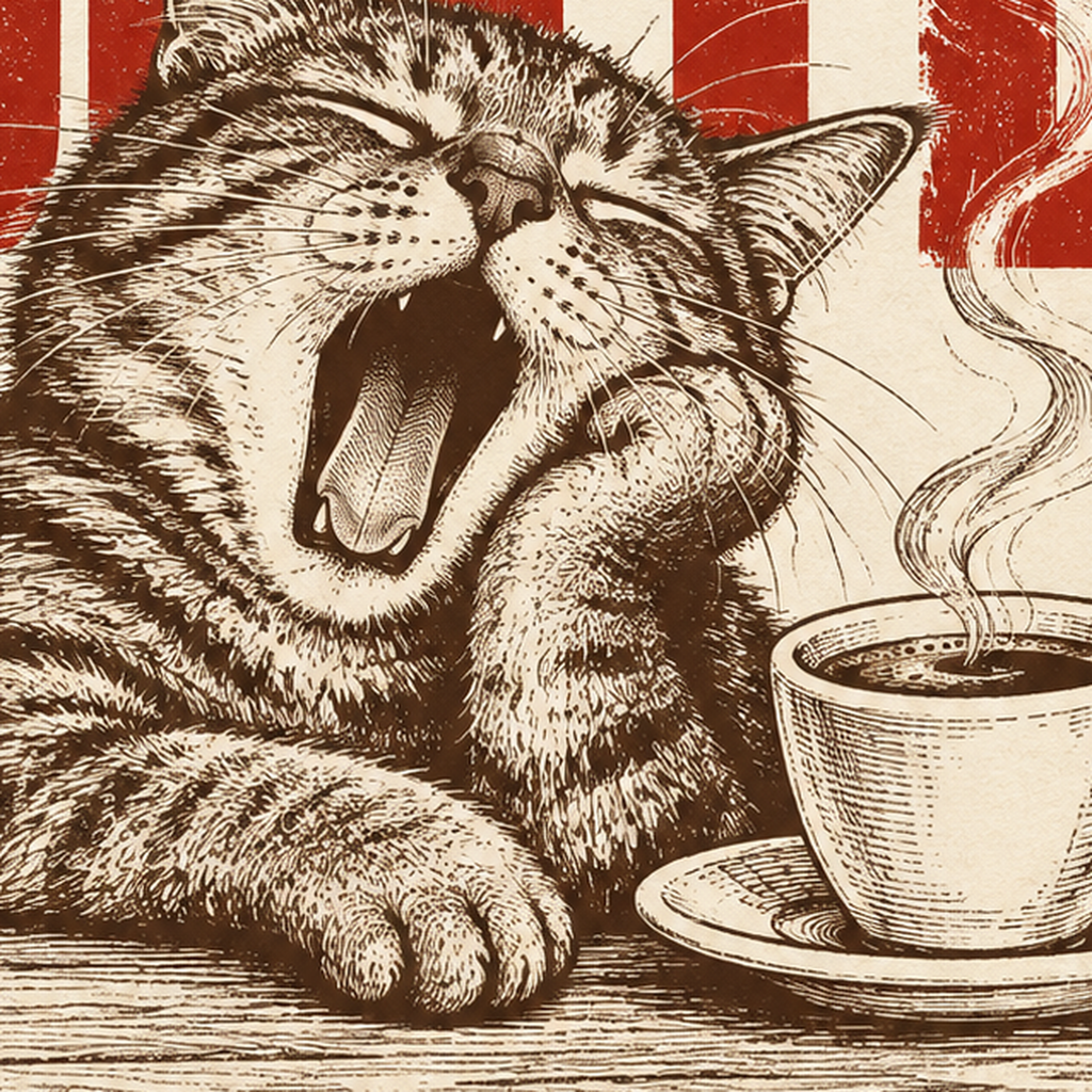 Esneyen Kedi ve Kahve Fincanı Vintage Duvar Posteri — baskının yakın çekimi, kâğıt dokusu ve renk detayı