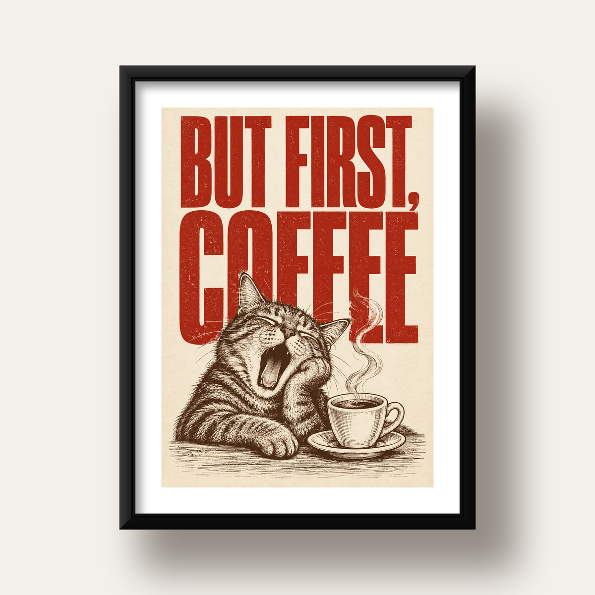 Esneyen Kedi ve Kahve Fincanı Vintage Duvar Posteri — siyah derin çerçeveli paspartulu
