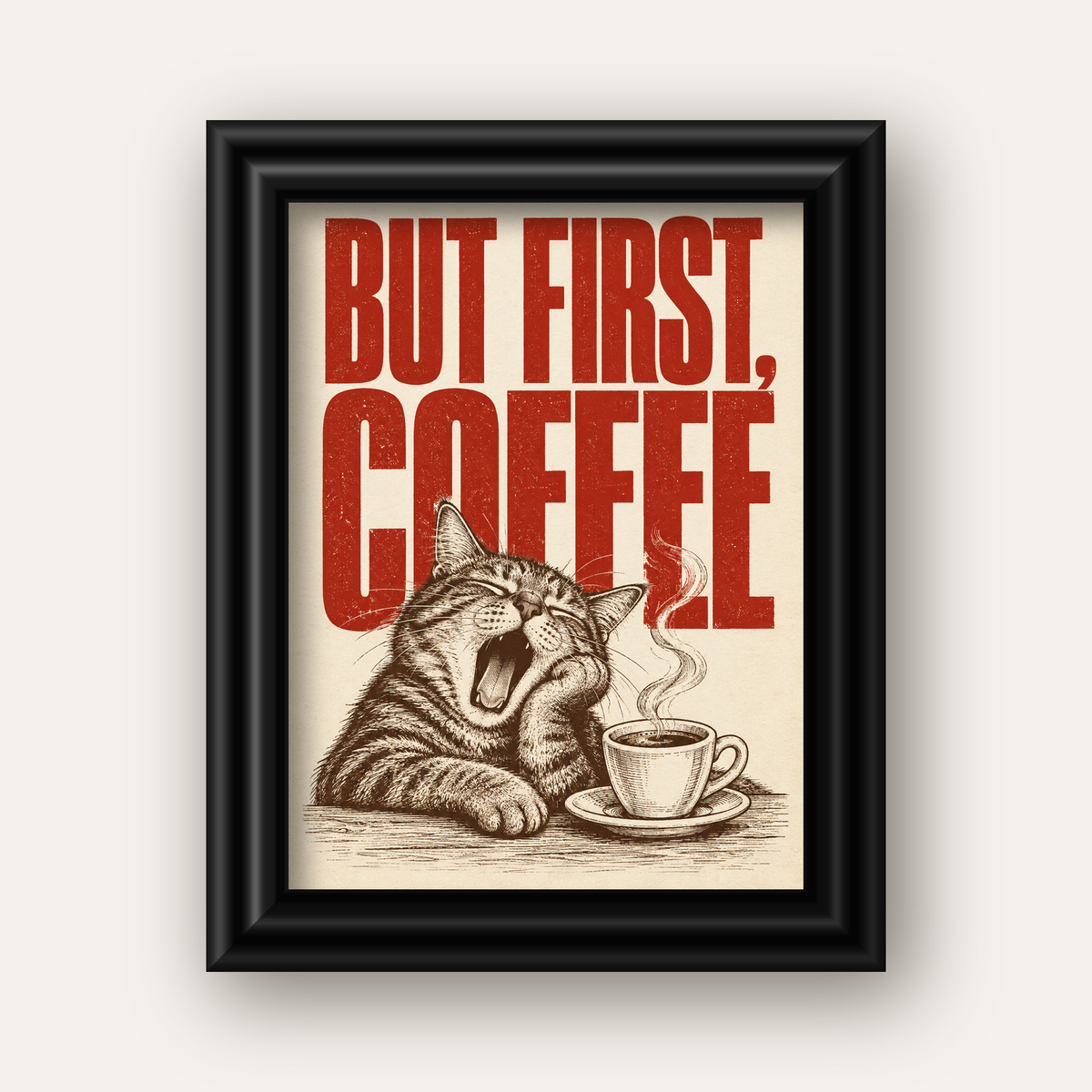 Esneyen Kedi ve Kahve Fincanı Vintage Duvar Posteri — siyah galeri çerçeveli