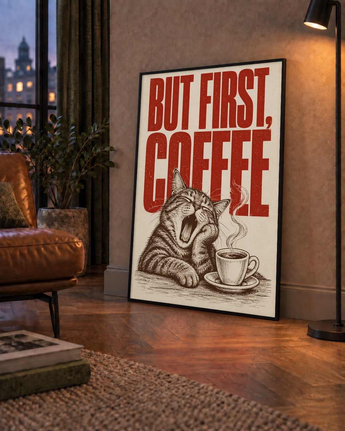 Esneyen Kedi ve Kahve Fincanı Vintage Duvar Posteri — çerçeveli hâliyle bir ev duvarında