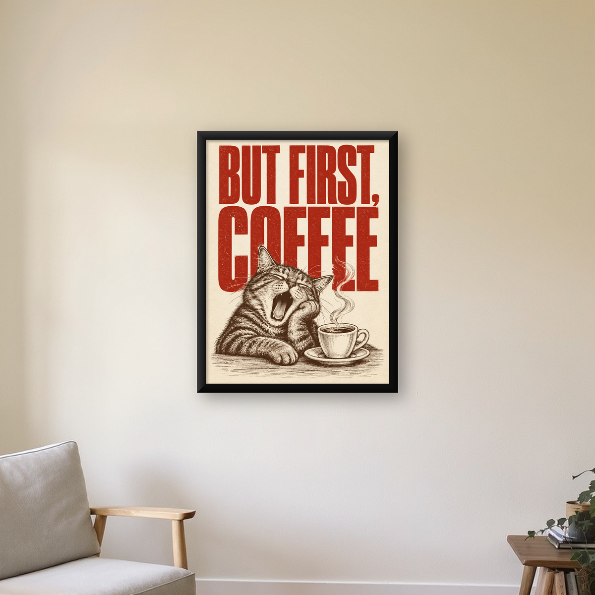 Esneyen Kedi ve Kahve Fincanı Vintage Duvar Posteri — Dikey baskı, çerçeveli hâliyle bir ev duvarında