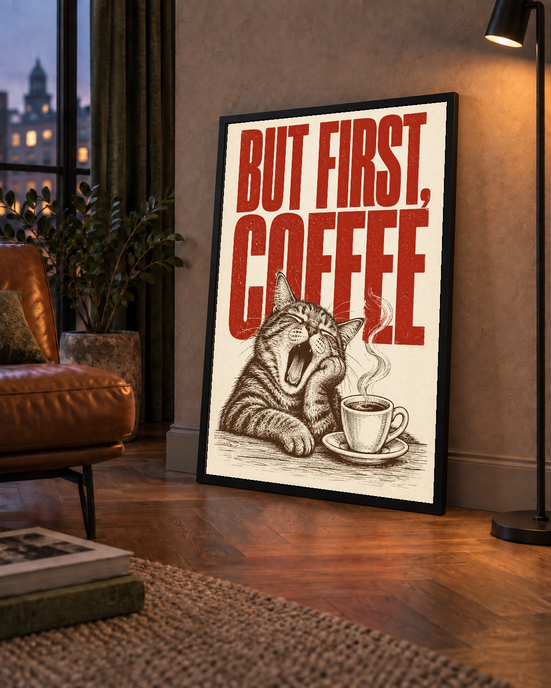 Esneyen Kedi ve Kahve Fincanı Vintage Duvar Posteri