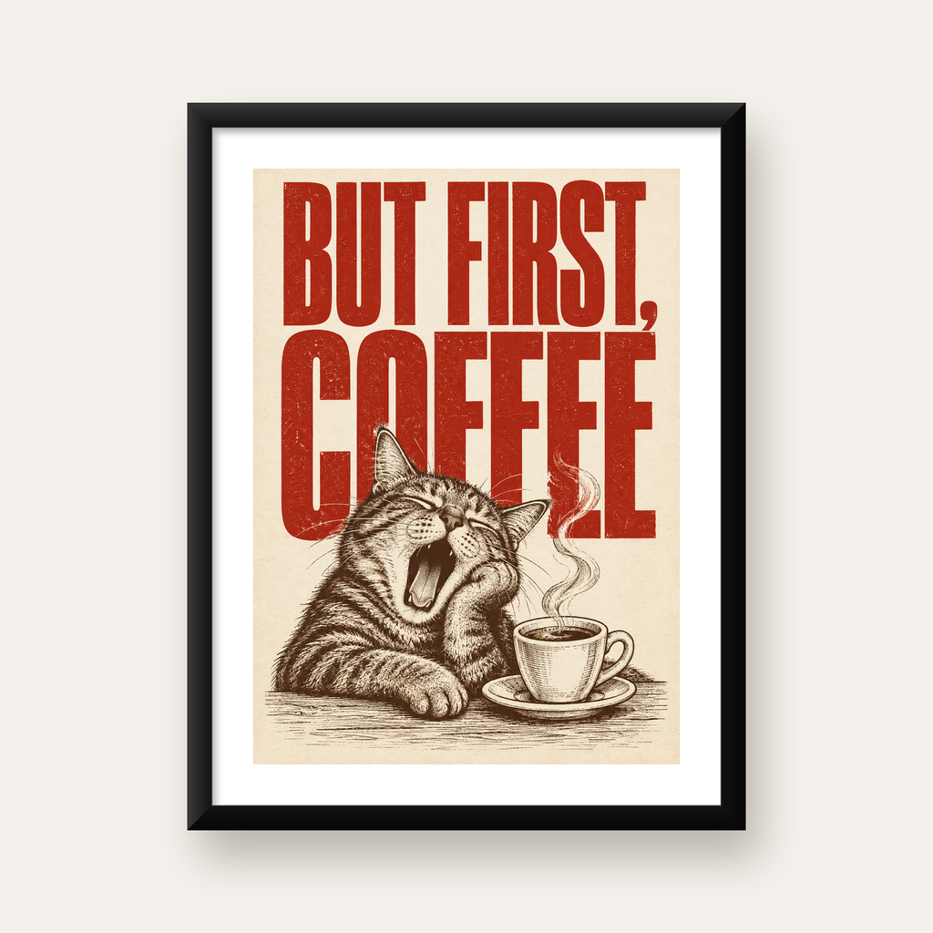 Esneyen Kedi ve Kahve Fincanı Vintage Duvar Posteri — Dikey baskı, beyaz paspartulu