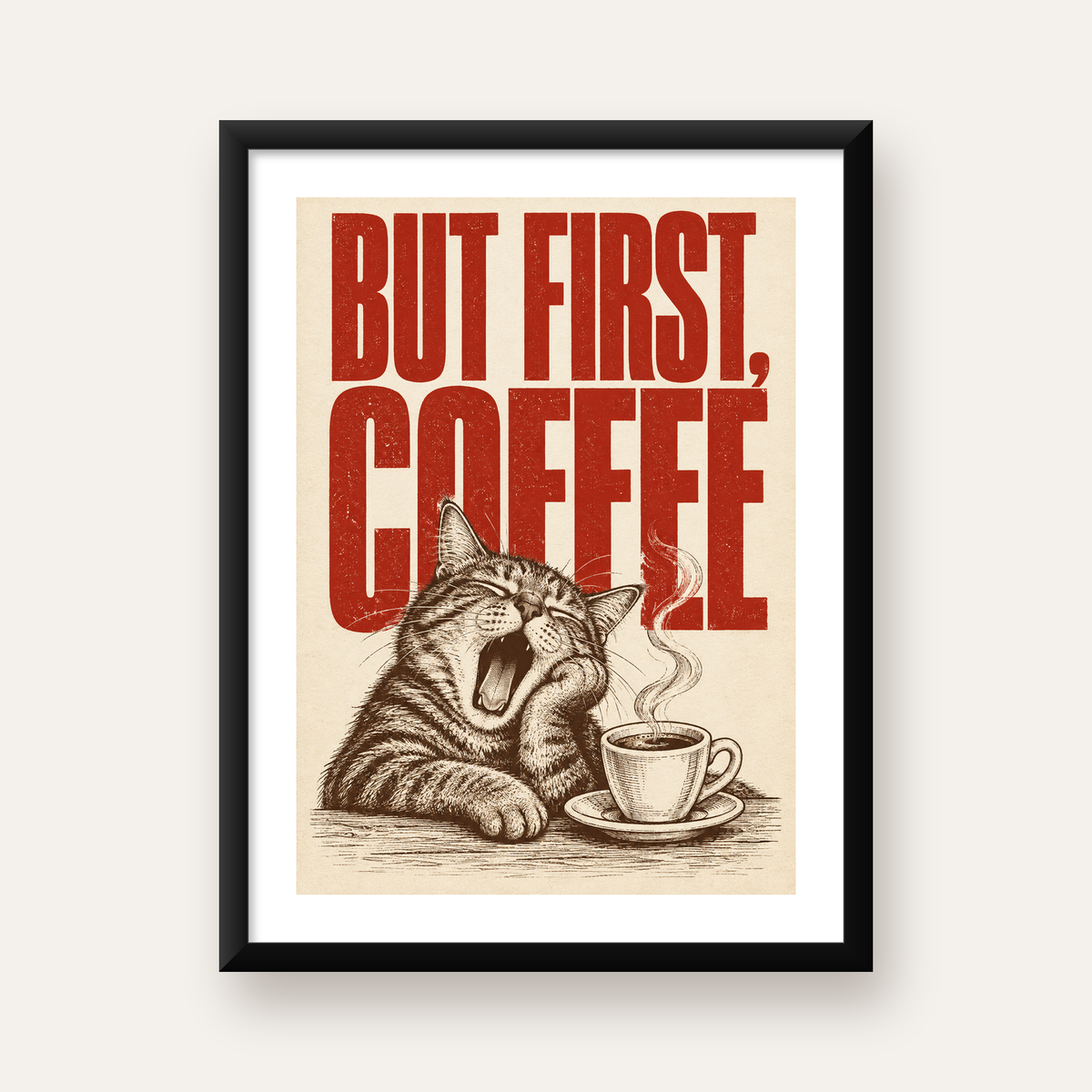 Esneyen Kedi ve Kahve Fincanı Vintage Duvar Posteri — Dikey baskı, beyaz paspartulu