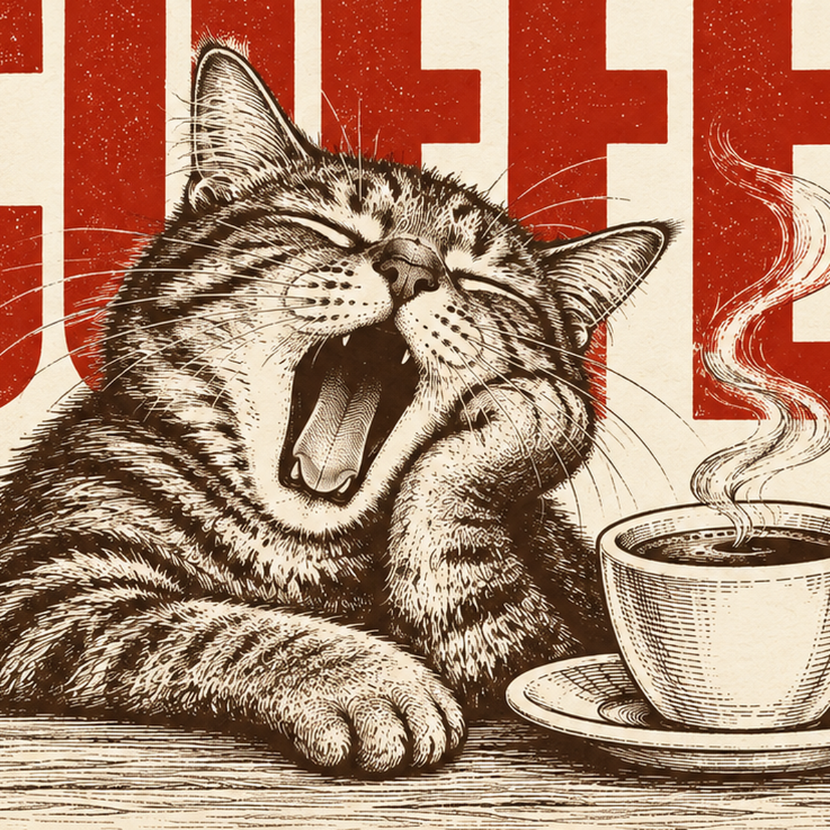 Esneyen Kedi ve Kahve Fincanı Vintage Duvar Posteri — baskının yakın çekimi, kâğıt dokusu ve renk detayı