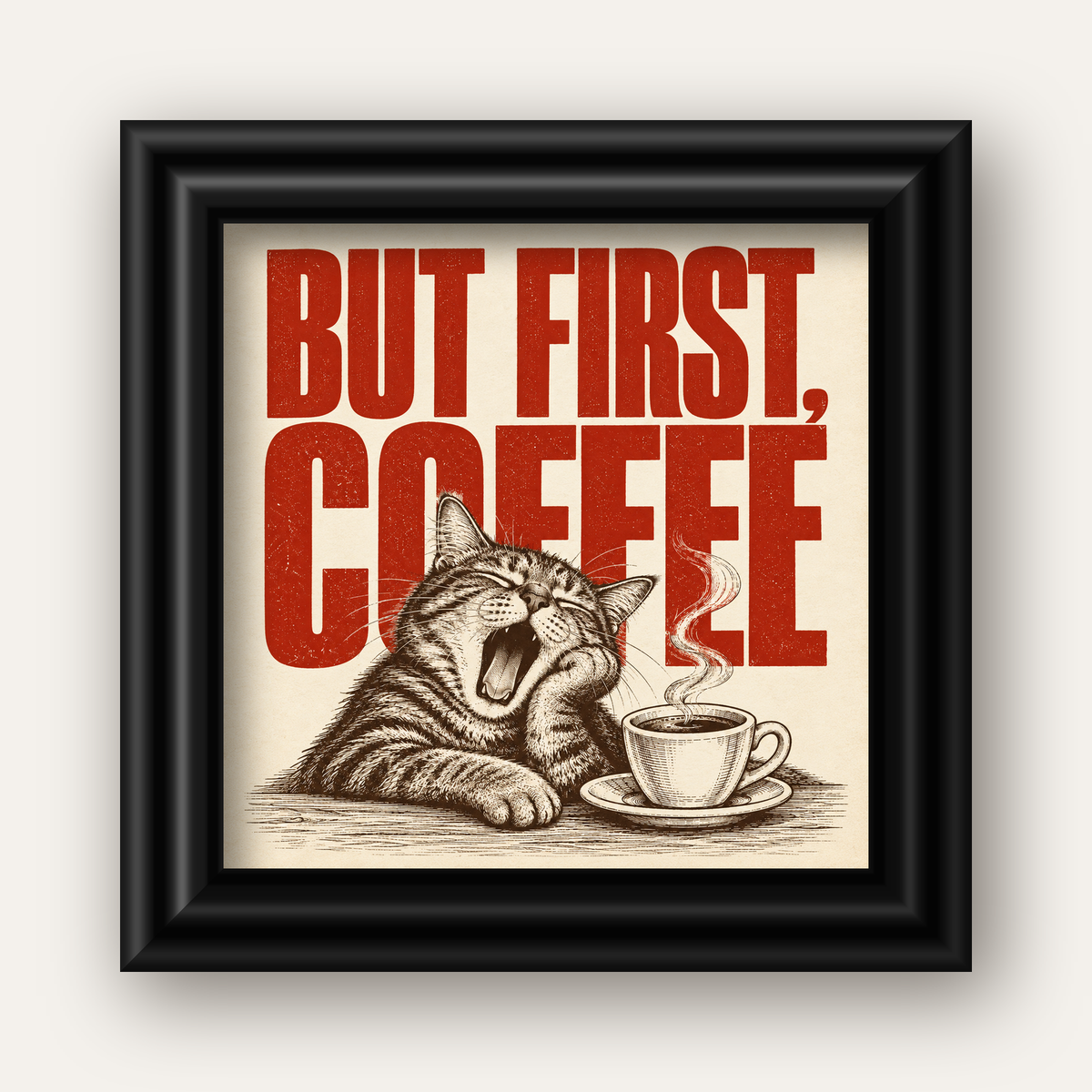 Esneyen Kedi ve Kahve Fincanı Vintage Duvar Posteri — siyah galeri çerçeveli